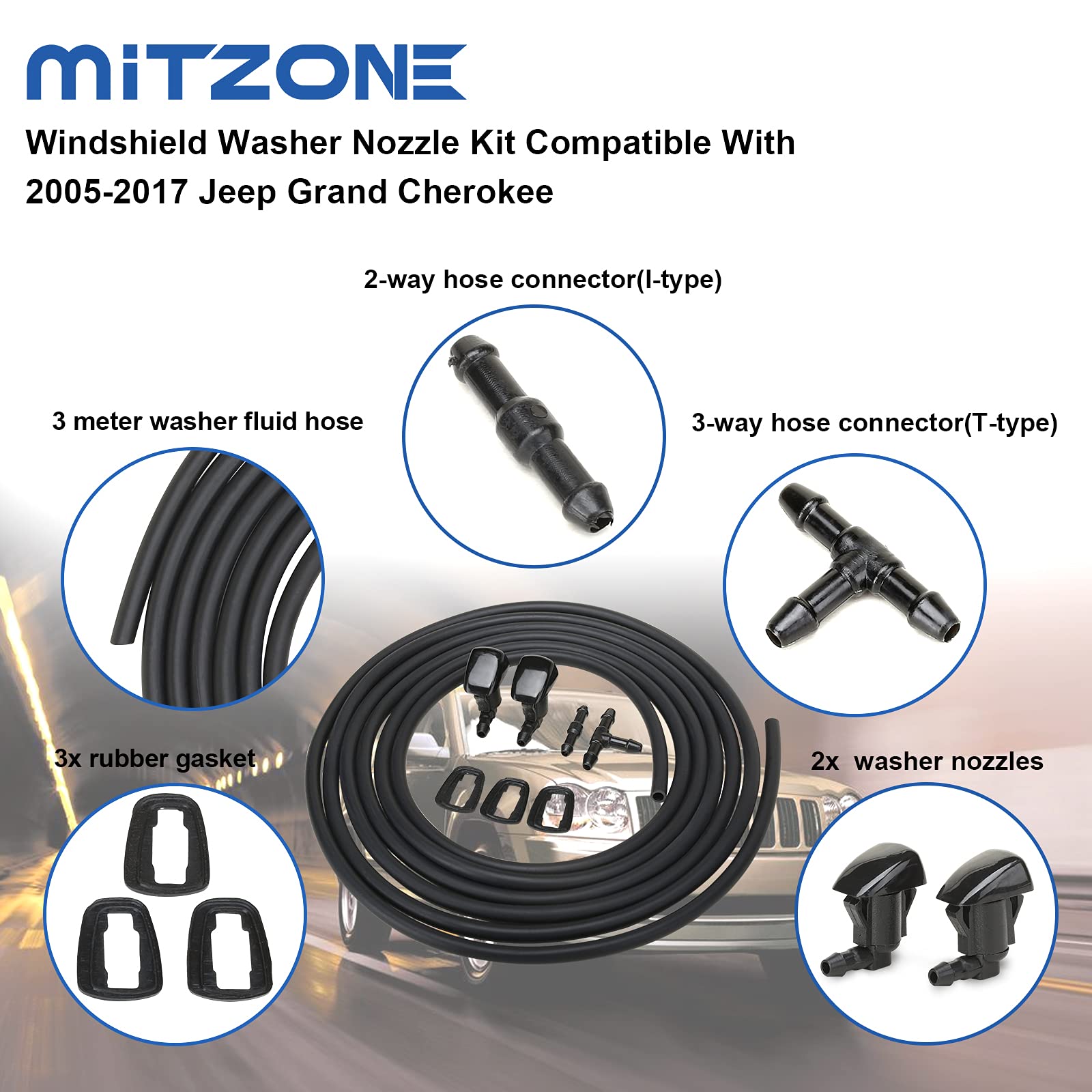 Mitzone Windshield Washer Nozzle Kit Compatible With 2005-2017 Jeep Grand Cherokee Replace 55079049Aa