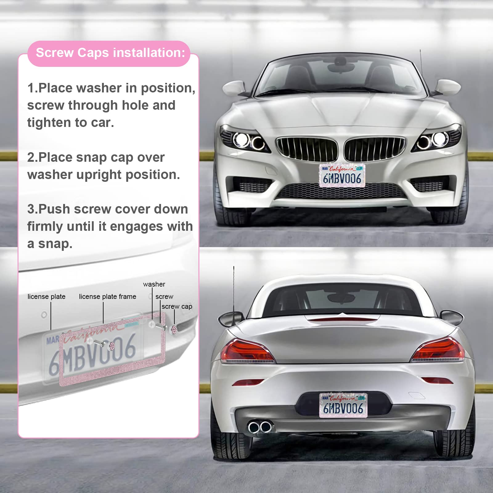 Quanqiufei 2 Pack Bling License Plate Frames For Women, Sparkly Rhinestone Diamond Car Accessories With Glitter Crystal Caps (Pi