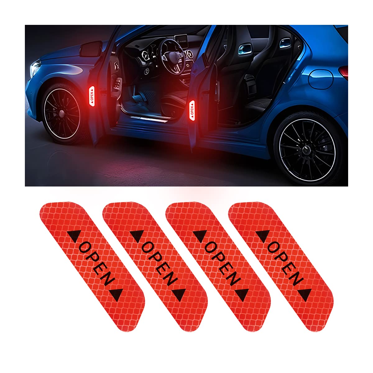 4Pcs Reflective Open Warning Stickers For Car Door, Night Visibility Auto Safety Prompt Decals, 3.6 Inch Anti-Collision Protective Strip Tape, Car Accessories Universal For Truck, Suv, Van (Red)