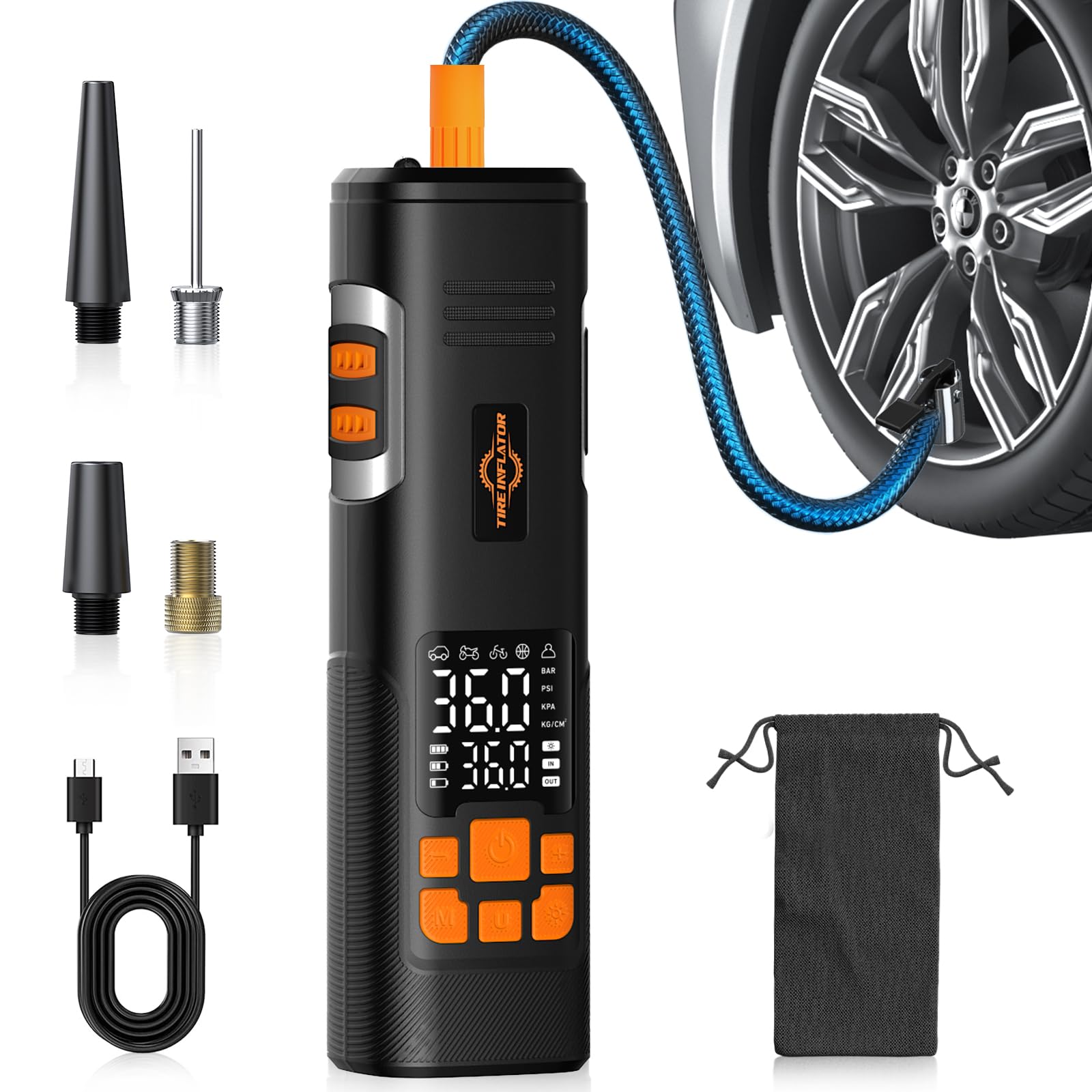 Aneson Tire Inflator Portable Air Compressor, 150PSI Air Pump for Car Tires, LED Light & Auto Shutoff, Cordless Electric Bike Ti