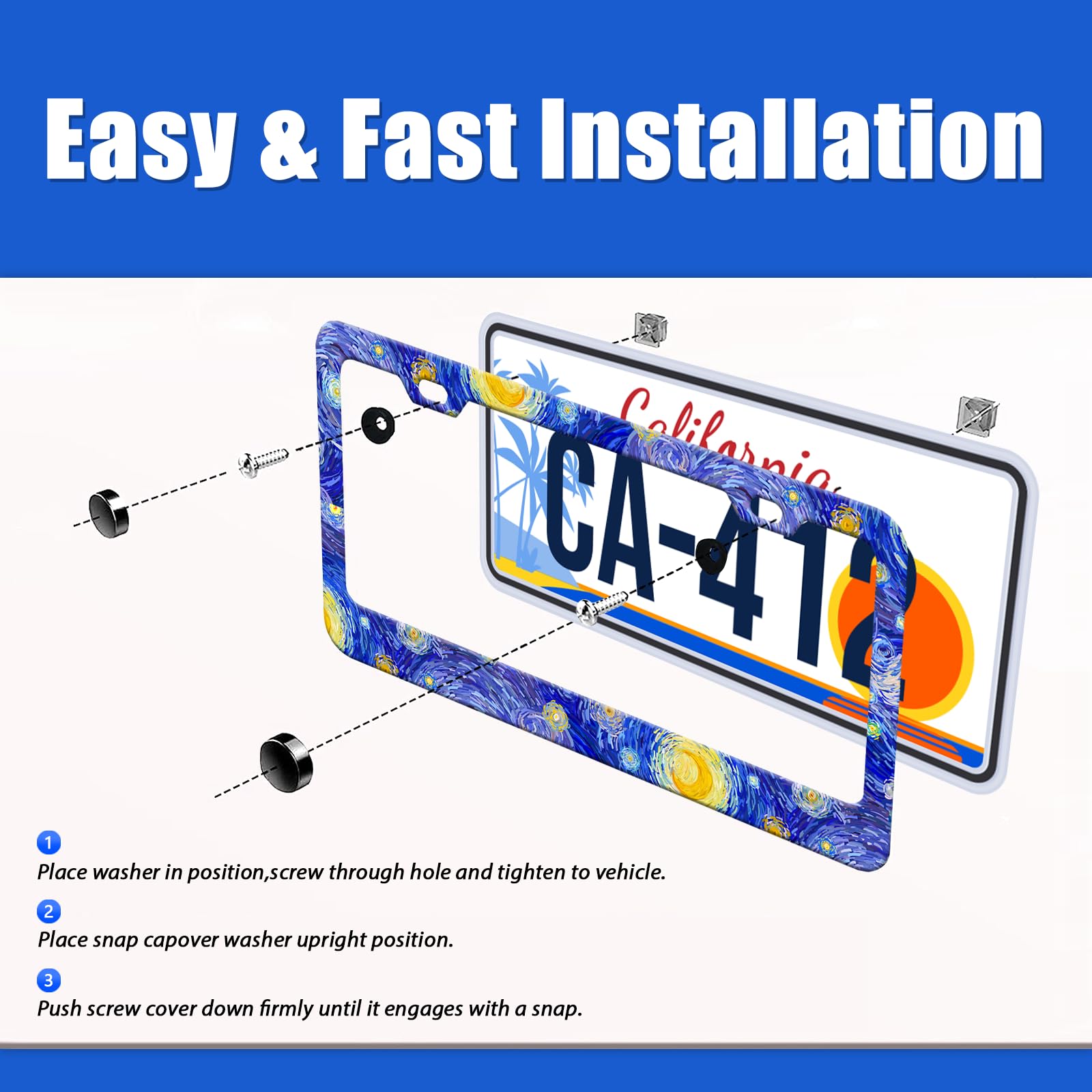 Starry Night License Plate Frames Blue Sky Van Gogh License Plate Holder for Car Decor Parts Stainless Steel License Plate Cover