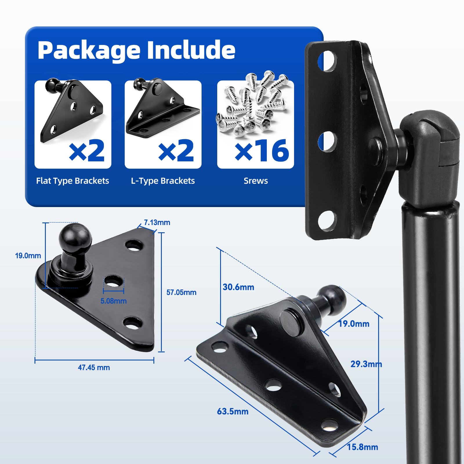 ARANA 13MM Ball Stud Mounting Bracket for Universal Gas Struts Lift Supports Shocks Spring Prop 4PCS with 16 Screws, Black (Only