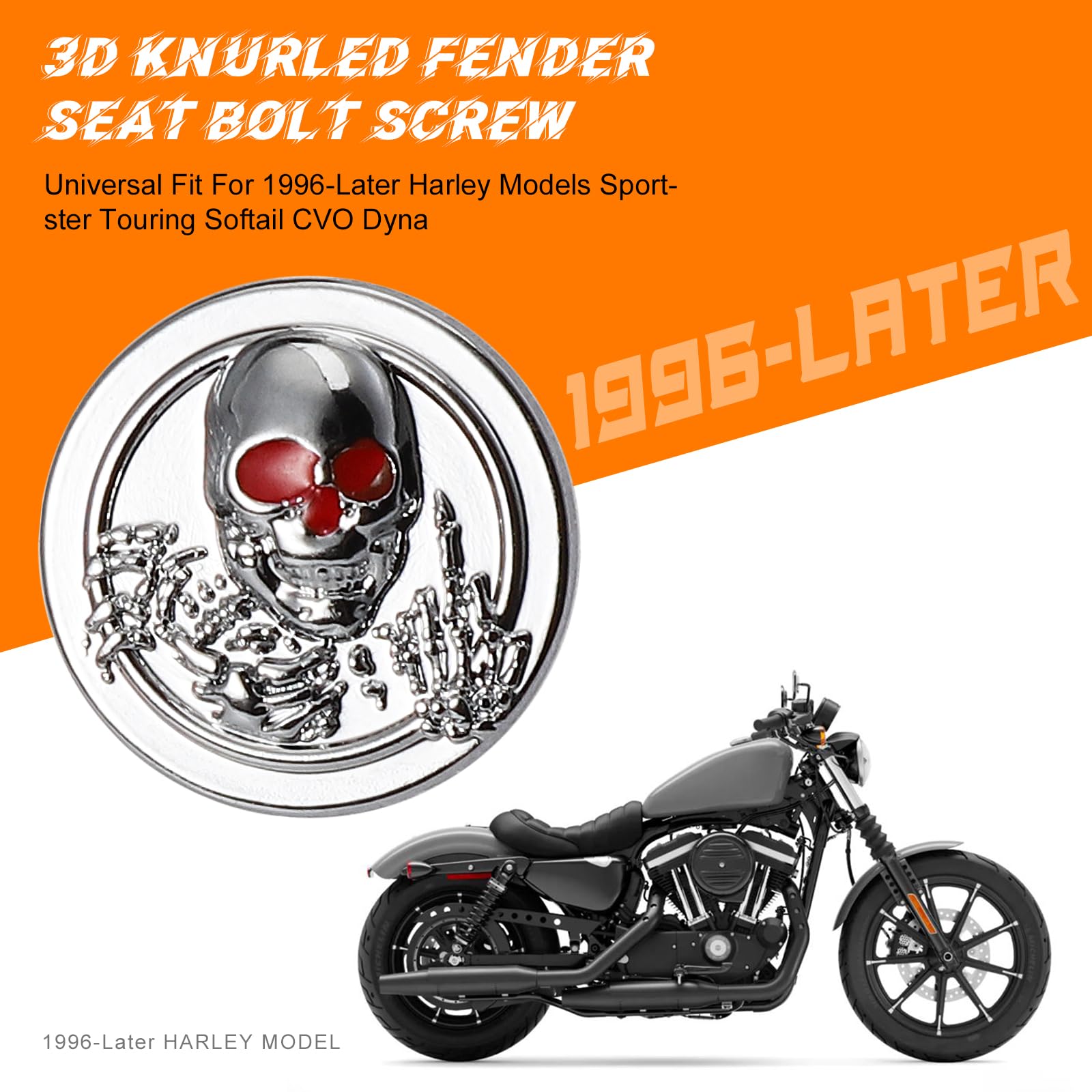 Eumti Chrome 3D Skull Pattern Fender Bolts Kit 1/4-20 Red Eyes Compatible with Harley Davidson Touring Softail Dyna Sportster 1996-2023