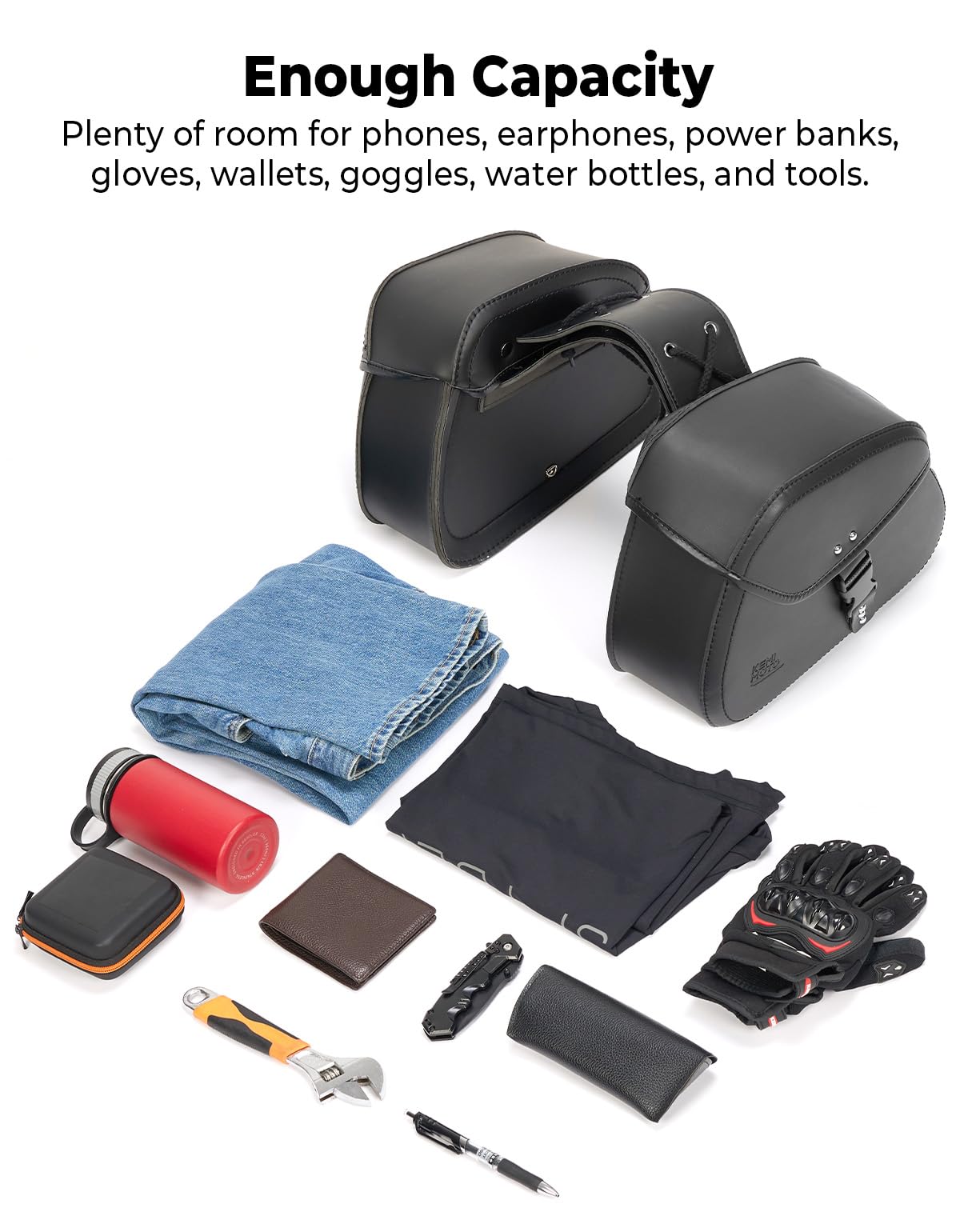 Kemimoto Motorcycle Saddlebags With Buckles, 16L Waterproof Throw Over Saddlebags, Pu Leather Saddlebags For Sportster Softail Dyna V-Star Shadow, Universal Motorcycle Accessories, Black