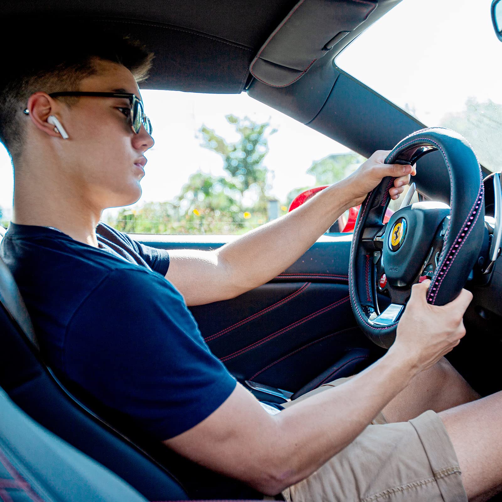 Car Pass Bling Diamond Leather Steering Wheel Cover, Studded Crystal Rhinestones Universal Fit 14'' 1/2-15'' Crystal Glitter For