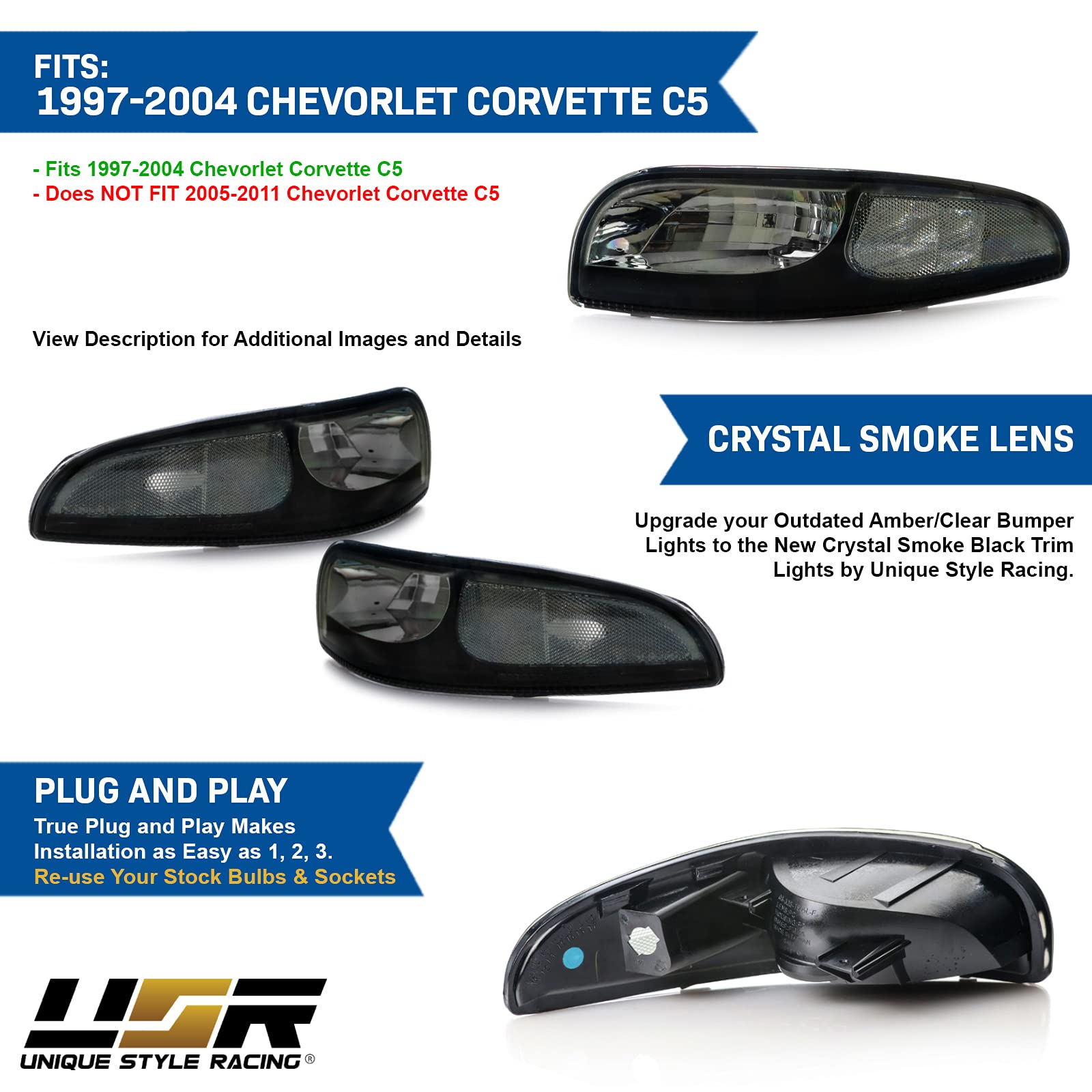 USR UNIQUE STYLE RACING Vette C5 Turn Signal Lights Set (Left + Right) for 1997-2004 Chevy Corvette C5 - Black Housing Smoke Lens