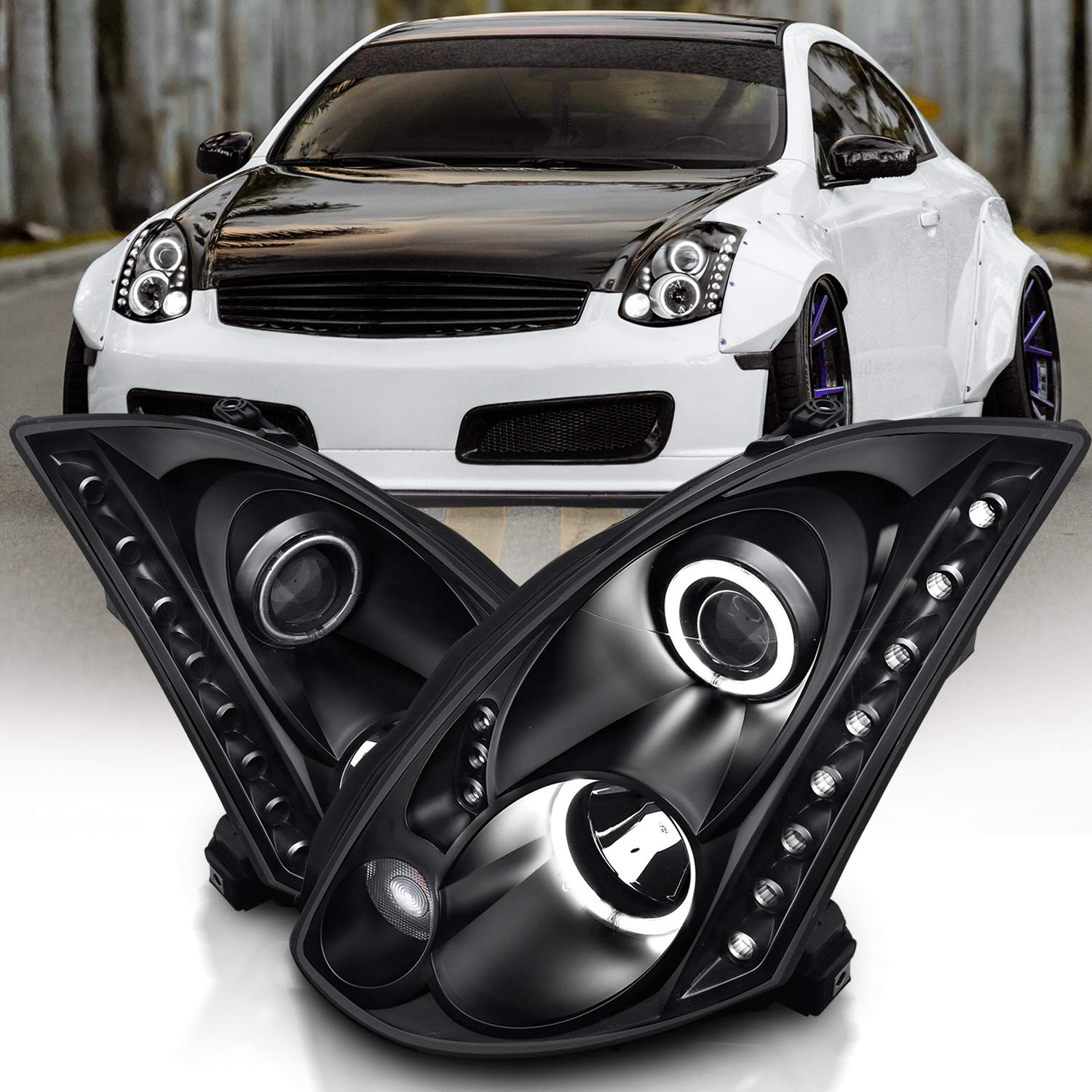 Amerilite Hid Type Dual Xtreme Halogen, Led, Halos Projector Replacement Headlights Pair For 2003-2007 Infiniti G35 Coupe - Passenger And Driver Side, Vehicle Light Assembly, Black