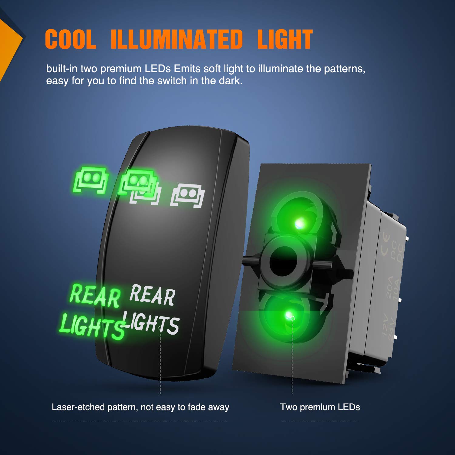 Nilight Rear Lights Rocker Switch Led Light Bar Switch 5Pin Laser On/Off switches Green 20A/12V 10A/24V Switch with Jumper Wires