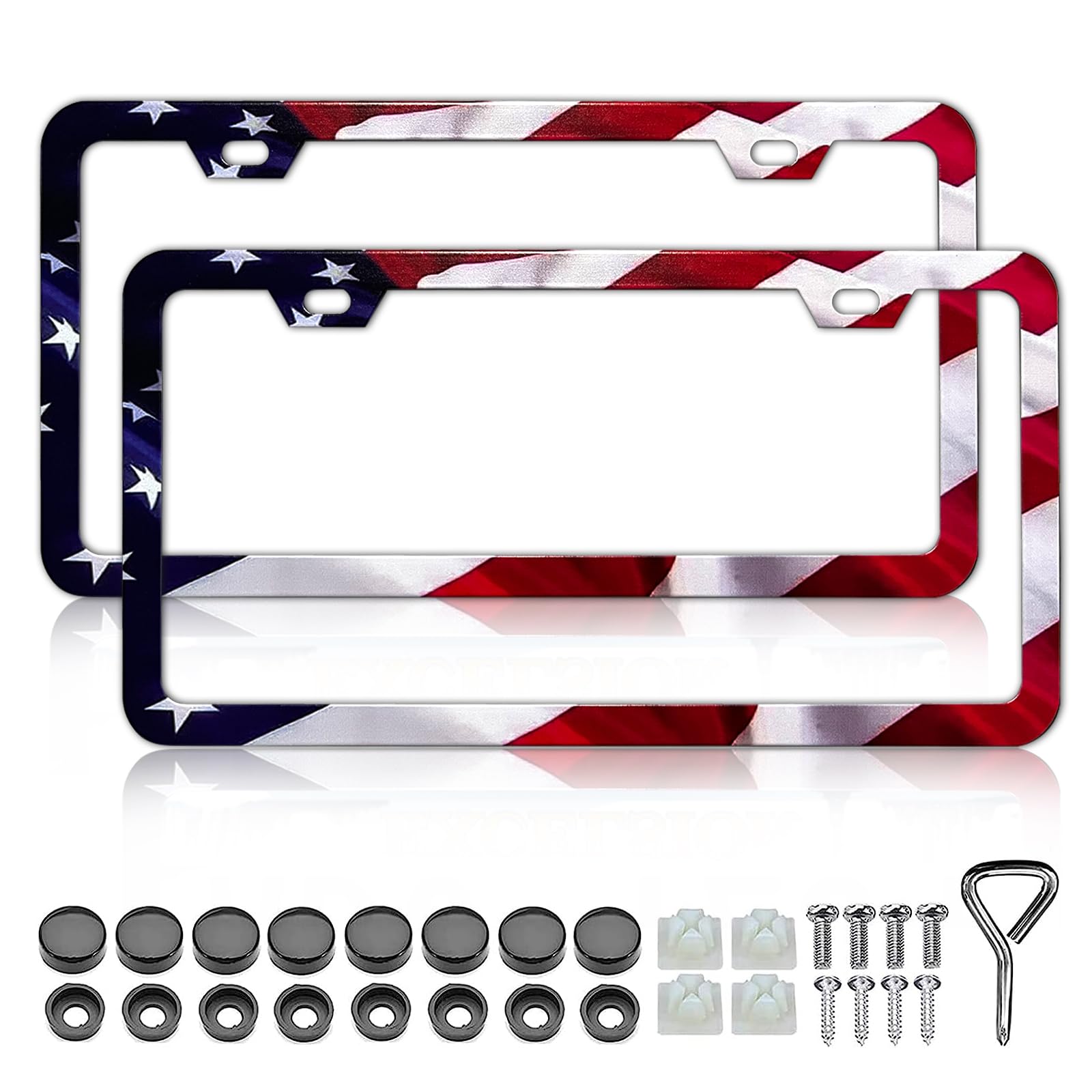 Lin Kang Patriotic American Flag License Plate Frame Holder - 2 Pack Universal Aluminum Matte Stripe Us Flag Gloss Car Plate Fra