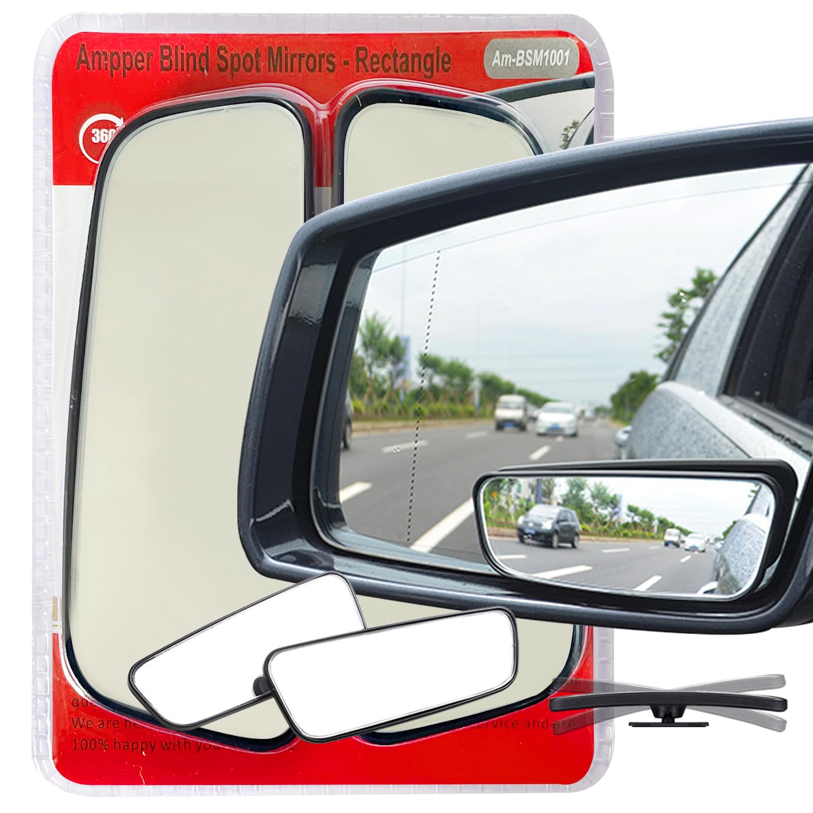 Ampper Rectangle Blind Spot Mirror, HD Glass ABS Housing Convex Wide Angle Rearview Blindspot Car Mirror for Car SUV and Truck (