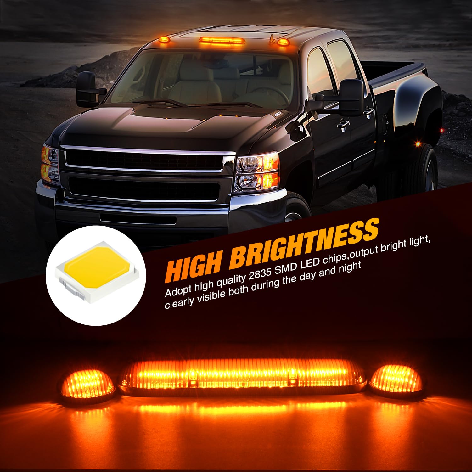 Nilight Led Cab Marker Lights 3 Pcs Roof Running Light Led Smoke Lens Amber Cab Clearance Light Compatible With 2002-2007 Chevy