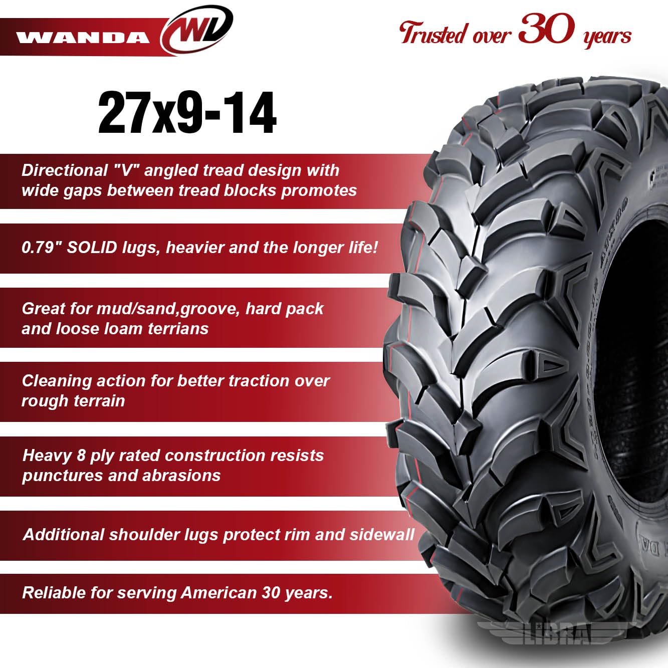Set 4 Wanda 27X9-14 27X9X14 Utv Atv Tire Set 8-Ply Solid Mud-20Mm Deep Tread