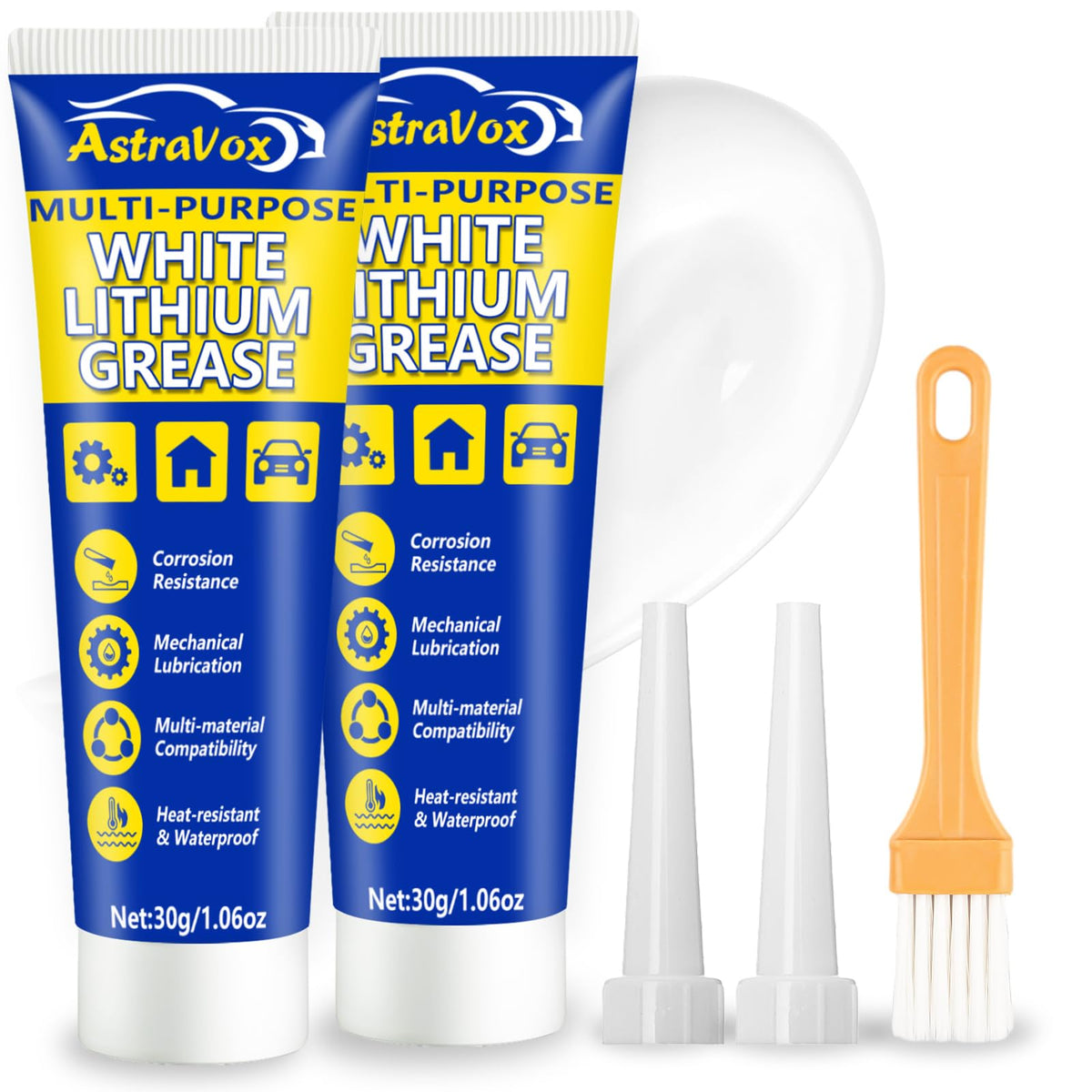 AstraVox White Lithium Grease with Brush, Multi-Purpose Garage Door Lubricant for Hinges, Bearings, Gears, Automotive, Marine, I