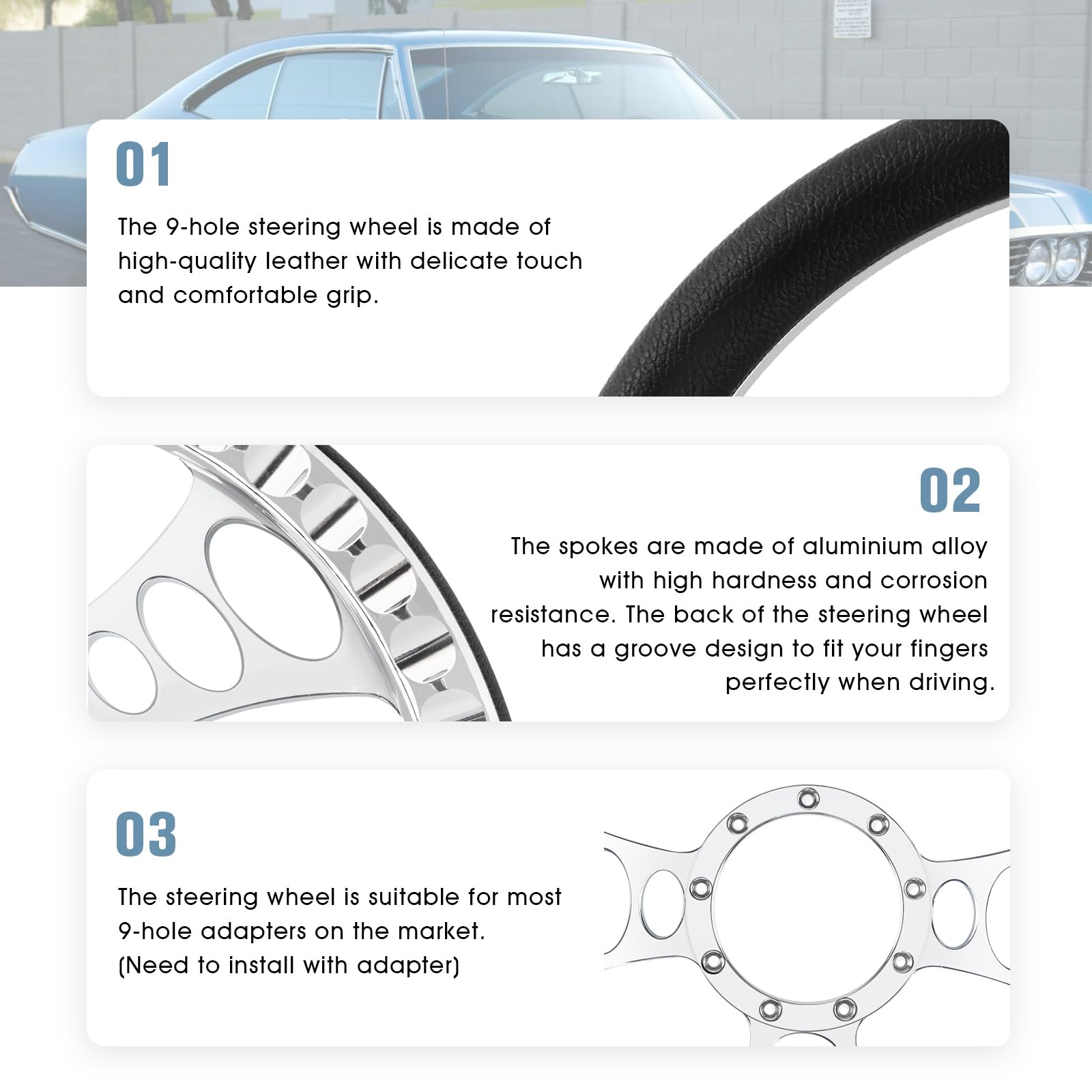 QYMOPAY 9 Bolt Disc Steering Wheel, 14'''' Leather billet steering wheel, 3-Spoke Steering Wheel with Holes, Fits most 9-hole ca