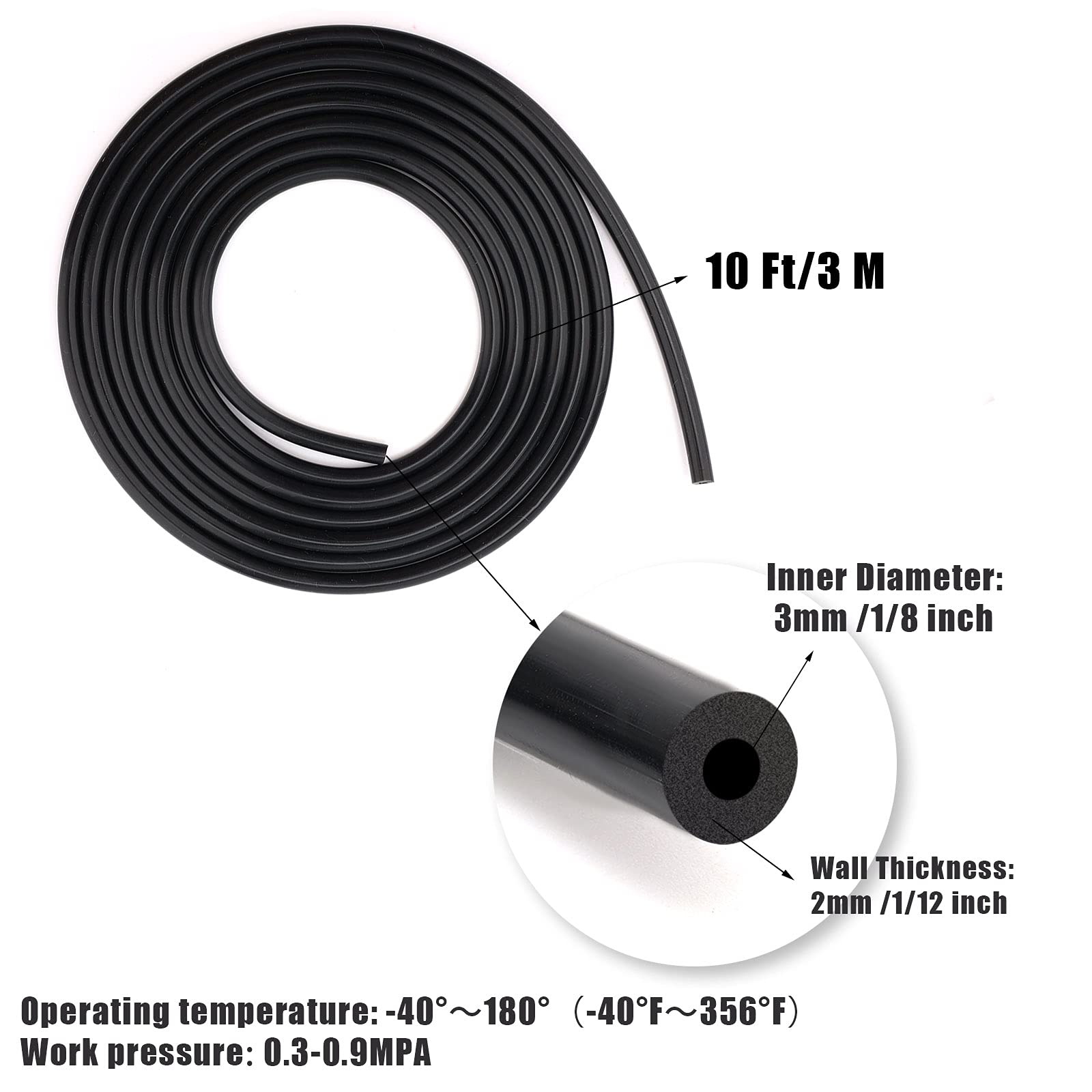 Aiex 1/8Inch Inner Diameter 10Ft High Temperature Silicone Vacuum Tubing Hose, High Performance Automotive Replacement Vacuum Hose Line For Vehicle Radiator Use (Black, 3Mm)