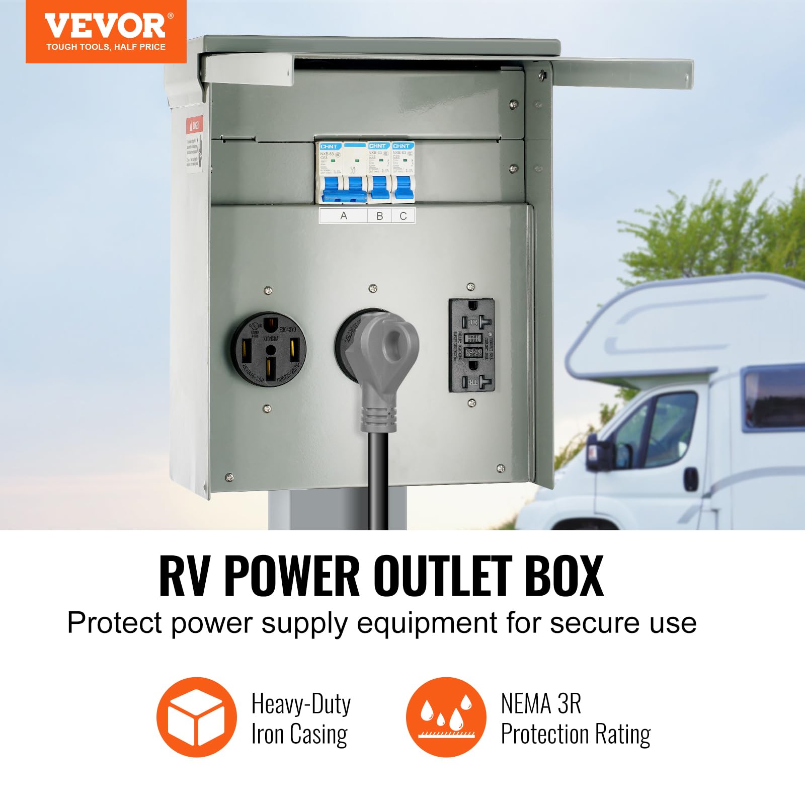 Vevor Temporary Power Outlet Panel, Weatherproof Rv Electrical Breaker Box With A 20/30/50 Amp Receptacle Installed, Prewired Circuit Nema 14-50R/Nema Tt-30R / 20A Gfci For Rv Camper Trailer Motorhome