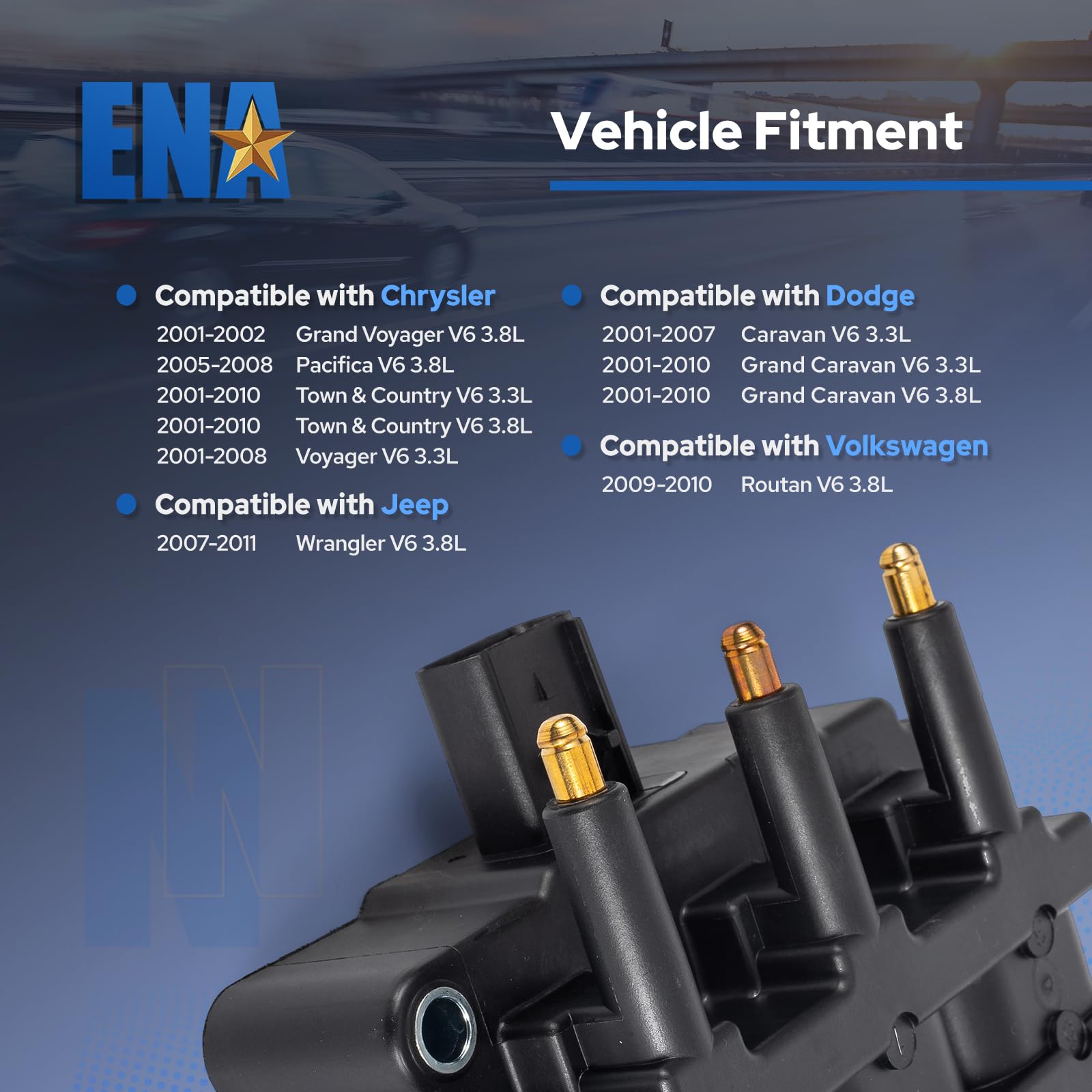 ENA Ignition Coil 2001 2002 2003 2004 2005 2006 2007 2008 2009 Compatible with Dodge Jeep Chrysler Town Country Grand Caravan Wrangler JK Pacifica Voyager Coil Packs 3.8 3.3 V6 for UF305 C1442 5603252