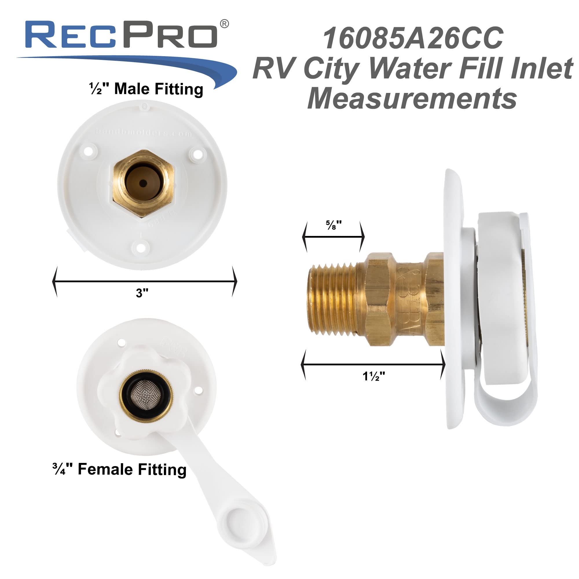 Recpro Rv Camper Motorhome Trailer Marine White City Water Fill Inlet Flange Brass With Check Valve (No Hose Elbow) | Made In Us