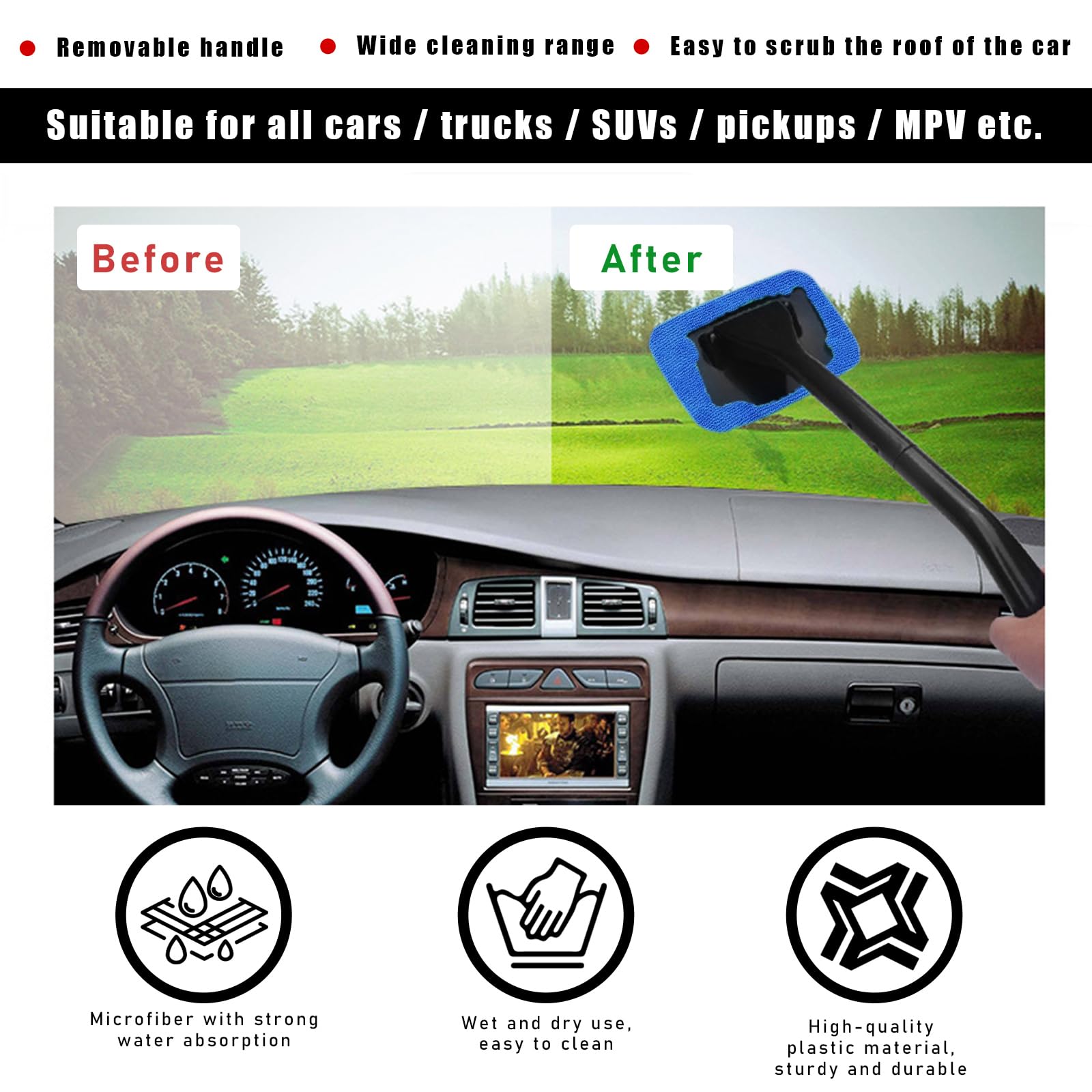 Ohleats Car Windshield Cleaning Tool, Microfiber Window Cleaner with 4 Washable and Reusable Cloth Pad & Long Handle, Auto Glass