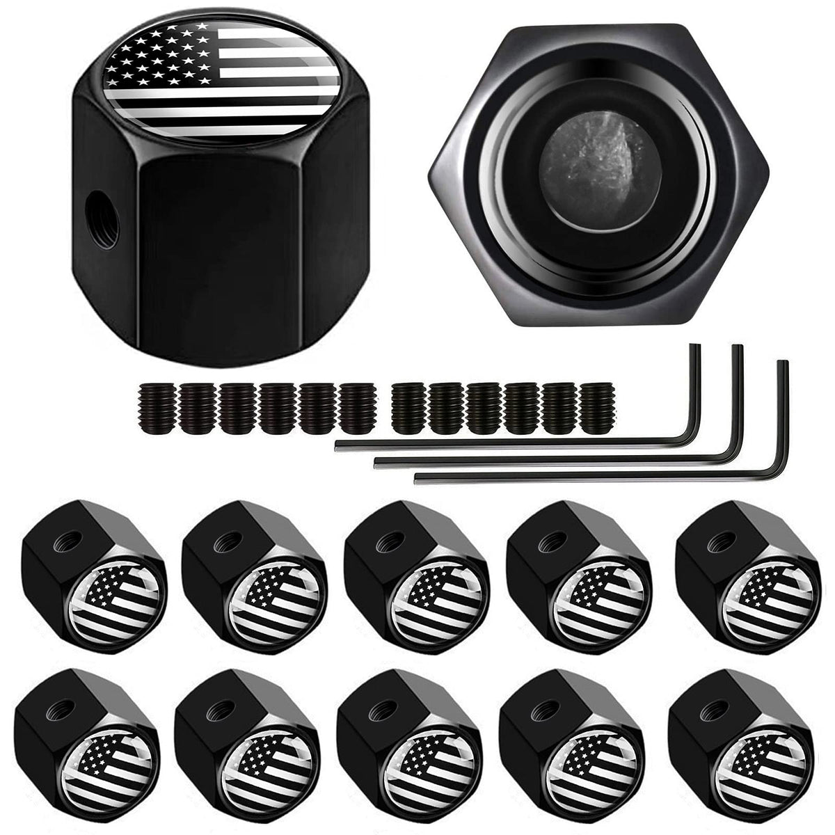 Dsycar 12 Pack Anti-Theft American Flag Tire Valve Caps, Black Tire Caps Hexagon Shape Locking Valve Stem Caps For Cars, Suvs, Trucks, Bikes, Motorcycles (Anti-Theft/Black White Usa)