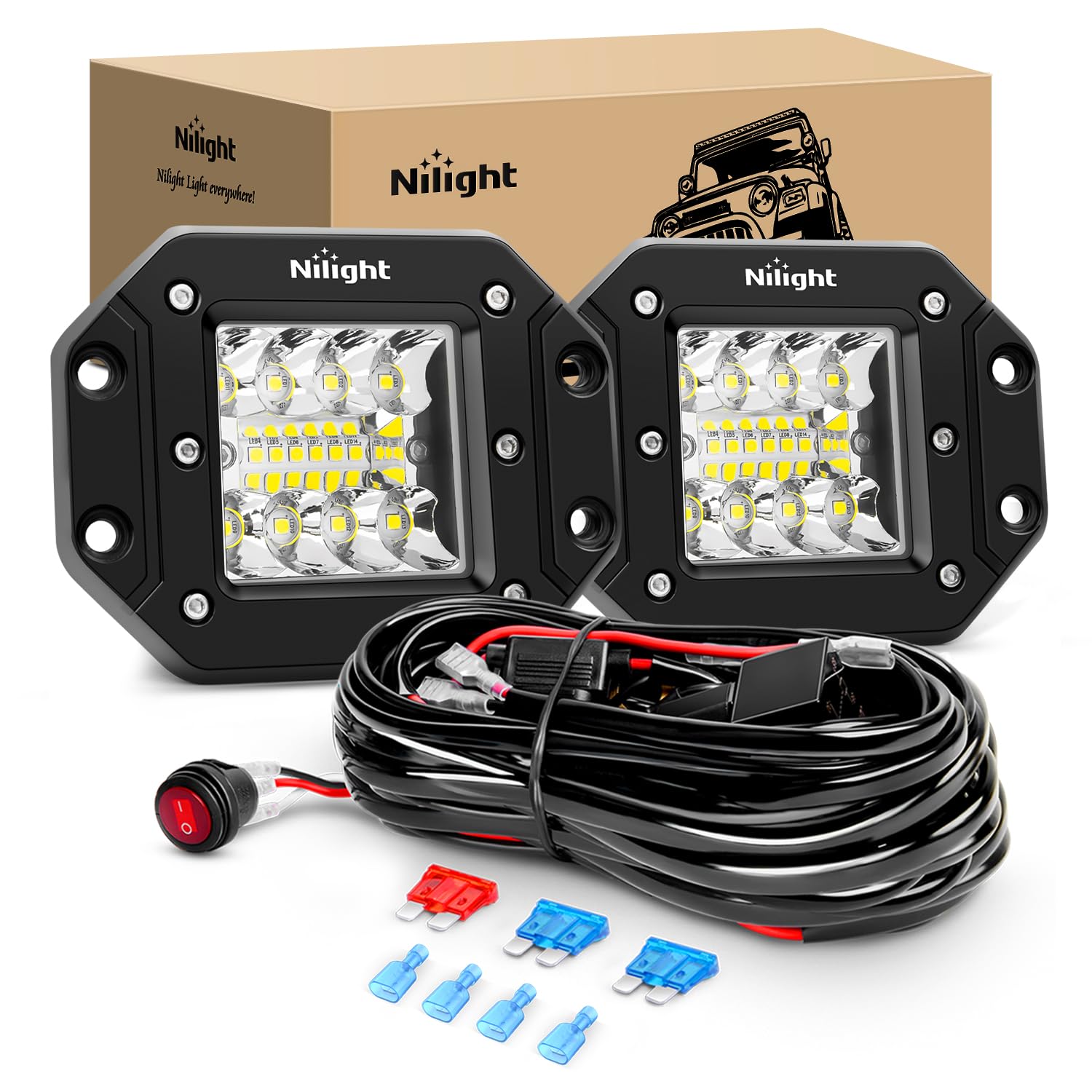 Nilight 2Pcs 42W Flush Mount Led Pods Spot Flood Combo Beam Driving Light Backup Light Reverse Light Grill Mount Light With Wiri