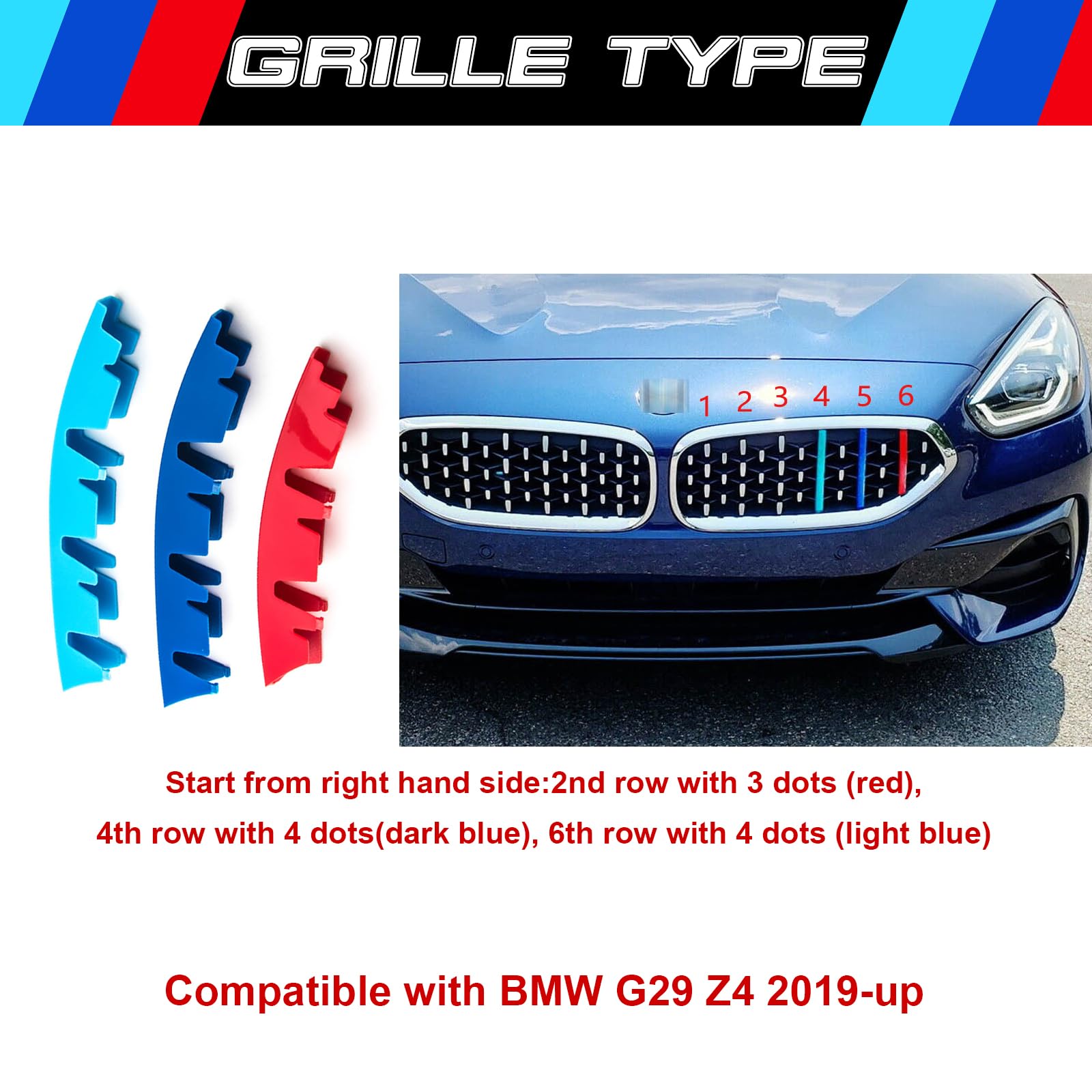 Xotic Tech M-Colored Tri Grille Insert Trims Strips, Front Center Kidney Grilles Compatible With Bmw G29 Z4 2019 2019-Up (13 Beams)