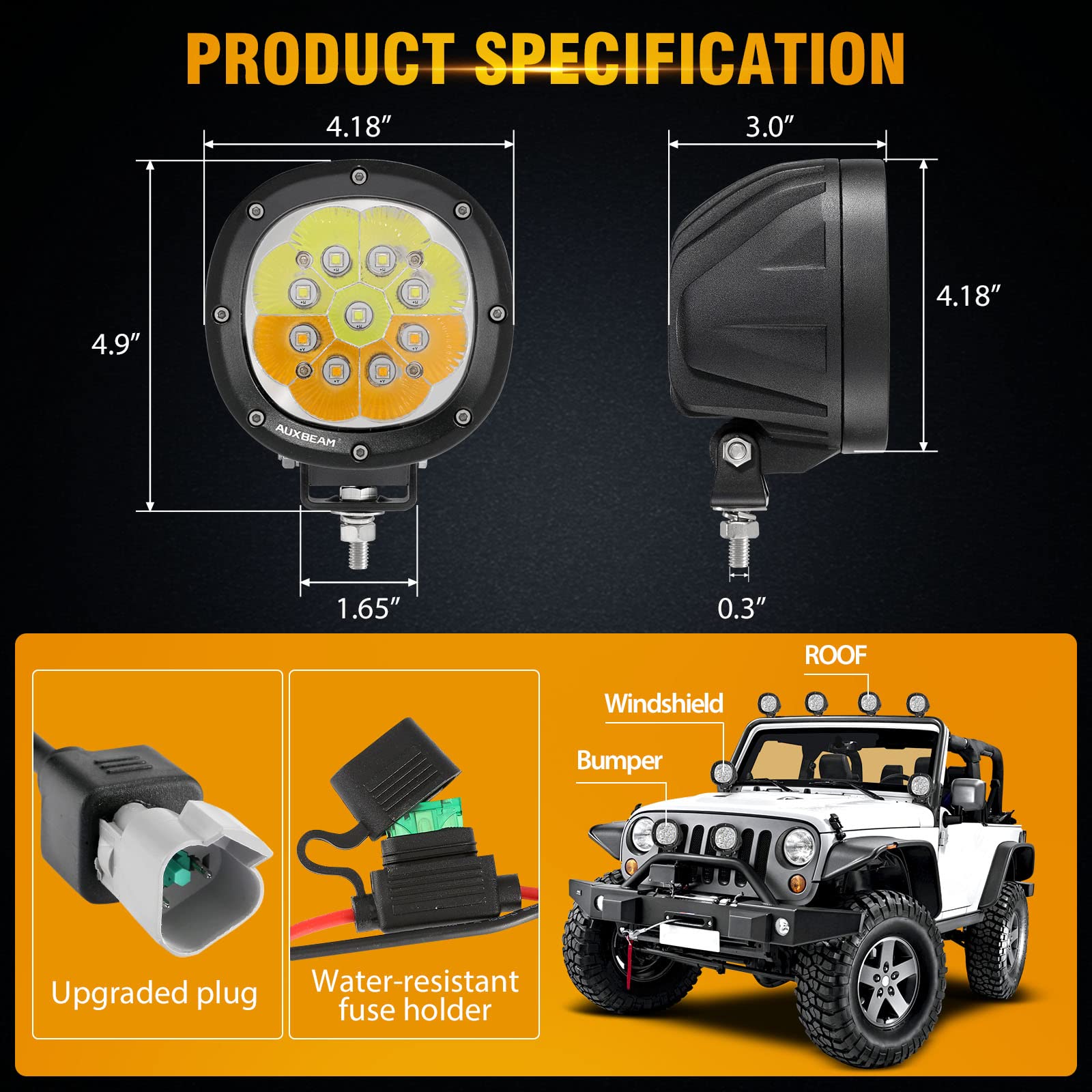 Auxbeam 4 Inch Round Offroad Light, 90W Led Amber White Spot Strobe Light Pods With 6 Modes, Dual Color Flashing Driving Fog Lig