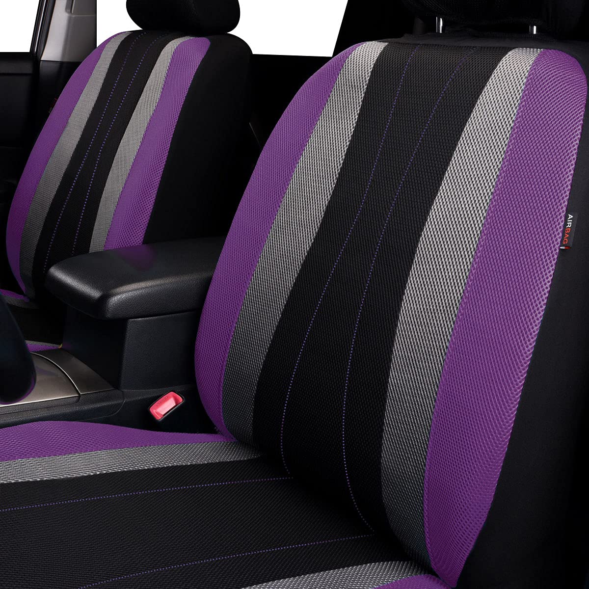 Flying Banner Car Seat Covers Full Set All Air Mesh Breathable Man Lady Airbag Compatible Rear Bench Split 40/60 50/50 60/40 Truck Pick Up (Full Set -- Low Back, Black Gray Purple)