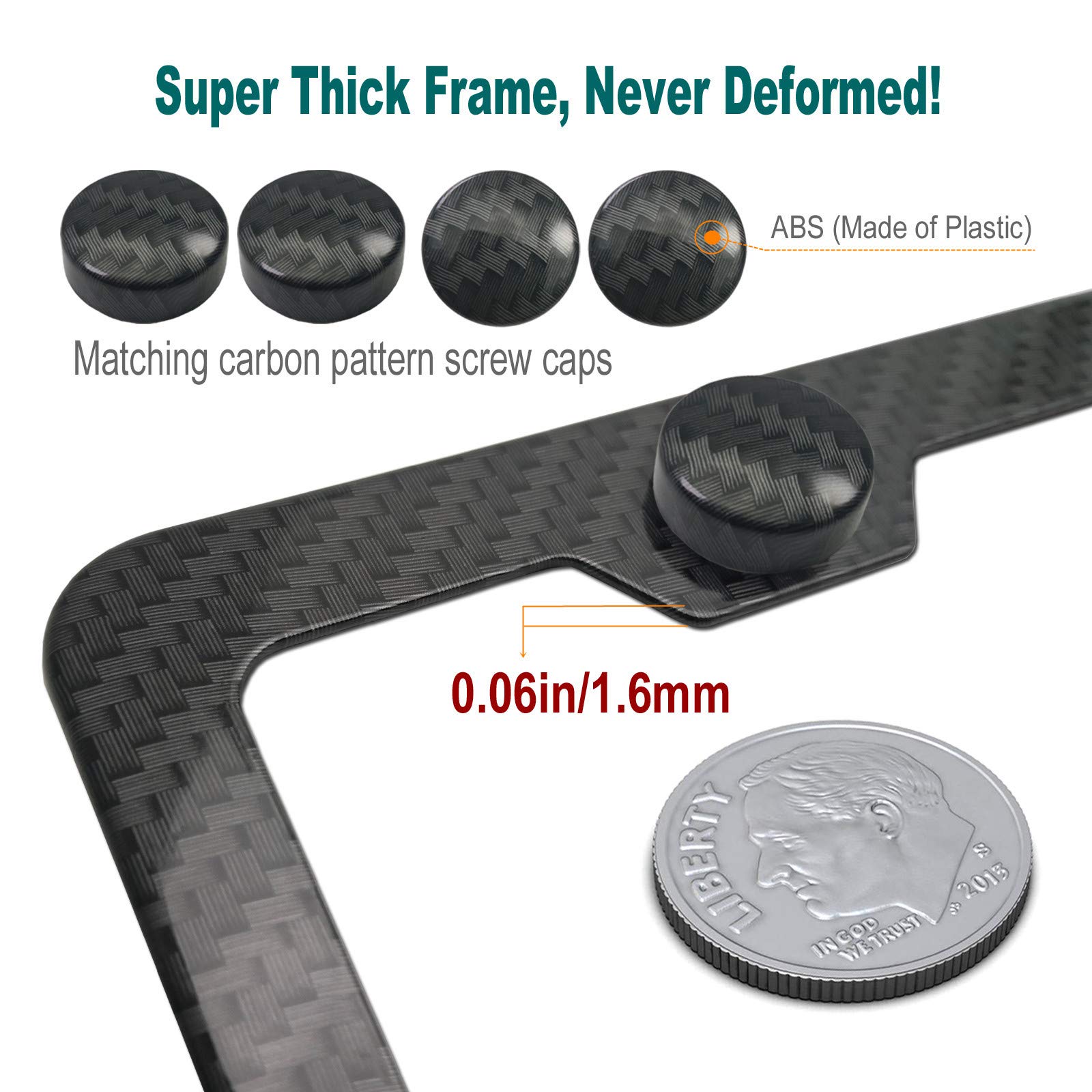 Aootf Carbon Fiber License Plate Frames- Heavy Duty Black Aluminum Car Tag Cover Printed Carbon Patterns, 2 Pack Front & Rear Ho