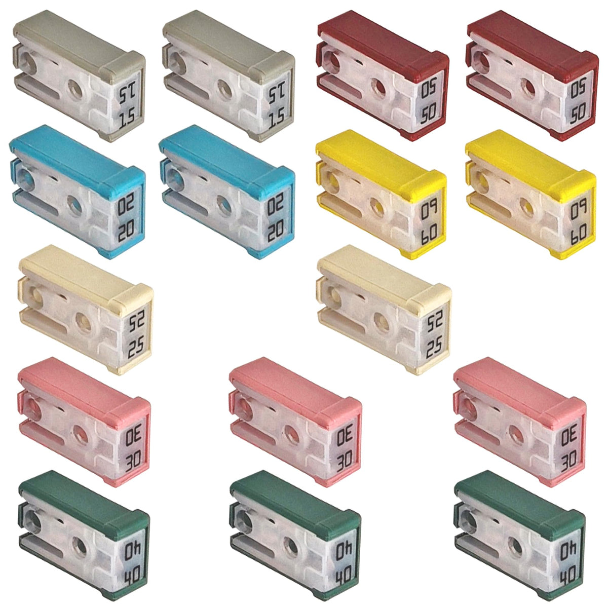 16 PCS 32V Mini Slotted Automotive MCASE Shaped Cartridge Fuse Kit, 15A/20A/25A/30A/40A/50A/60A