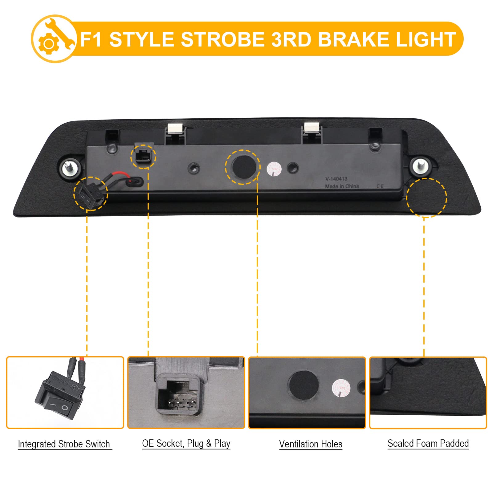 R&F Auto Smoked Lens Strobe Led 3Rd Third Brake Light Replacement For 2016-2023 Tacoma Limited Sr Sr5 Trd Off-Road Trd Pro Sport Roof Cargo Lights Pickup High Mount Stop Lamp (For Double Cab Only)