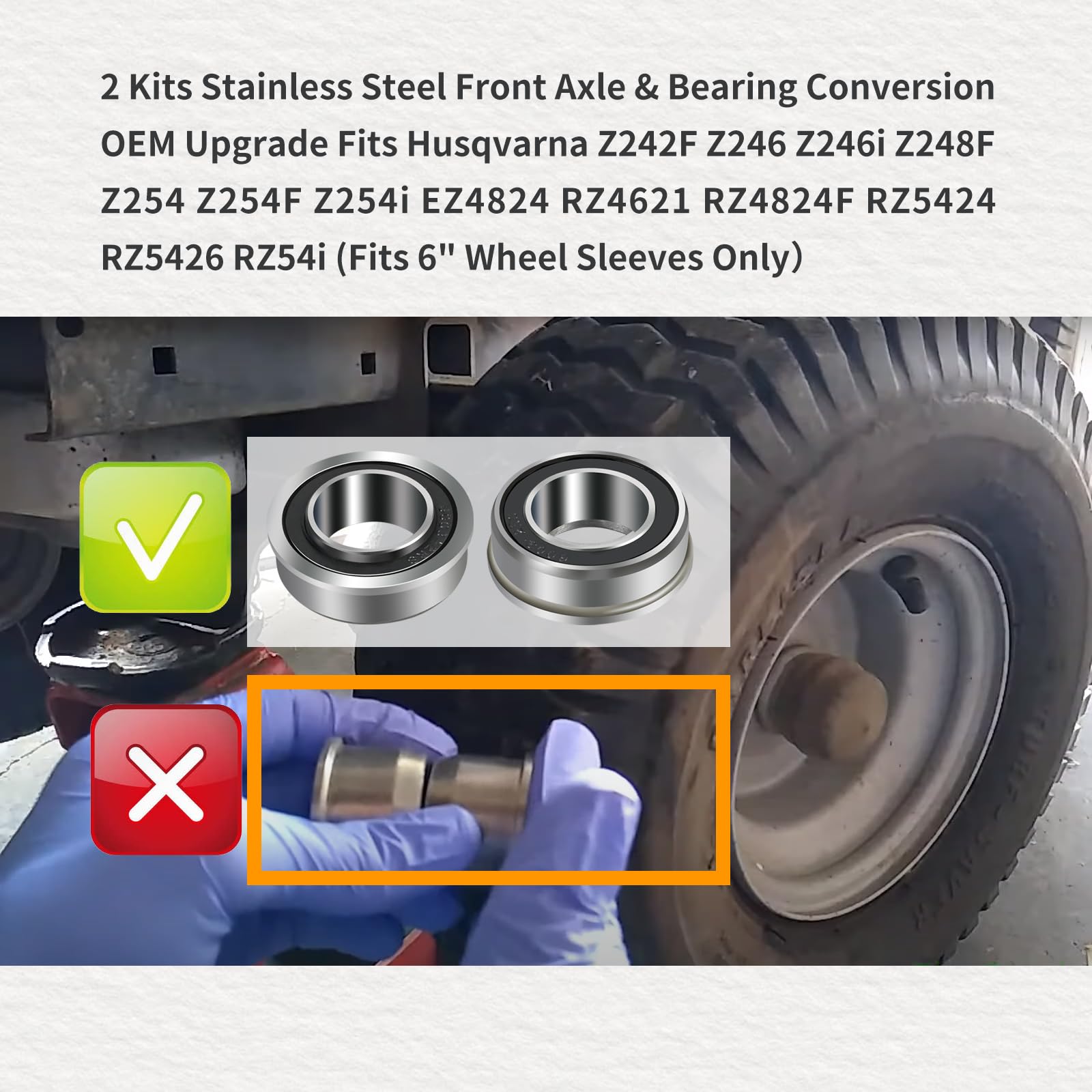 2 Kits Stainless Steel Front Wheel Axle & Bearing Conversion Oem Upgrade Fits Husqvarna Z242F Z246 Z246I Z248F Z254 Z254F Z254I Ez4824 Rz4621 Rz4824F Rz5424 Rz5426 Rz54I (Fits 6' Wheel Sleeves Only