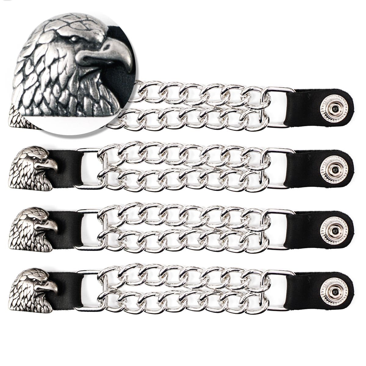 Milwaukee Leather Eagle Head Medallion Vest Extender - Double Chrome Chains Genuine Leather 6.5'' Extension 4-PCS MLA6011SET - 4