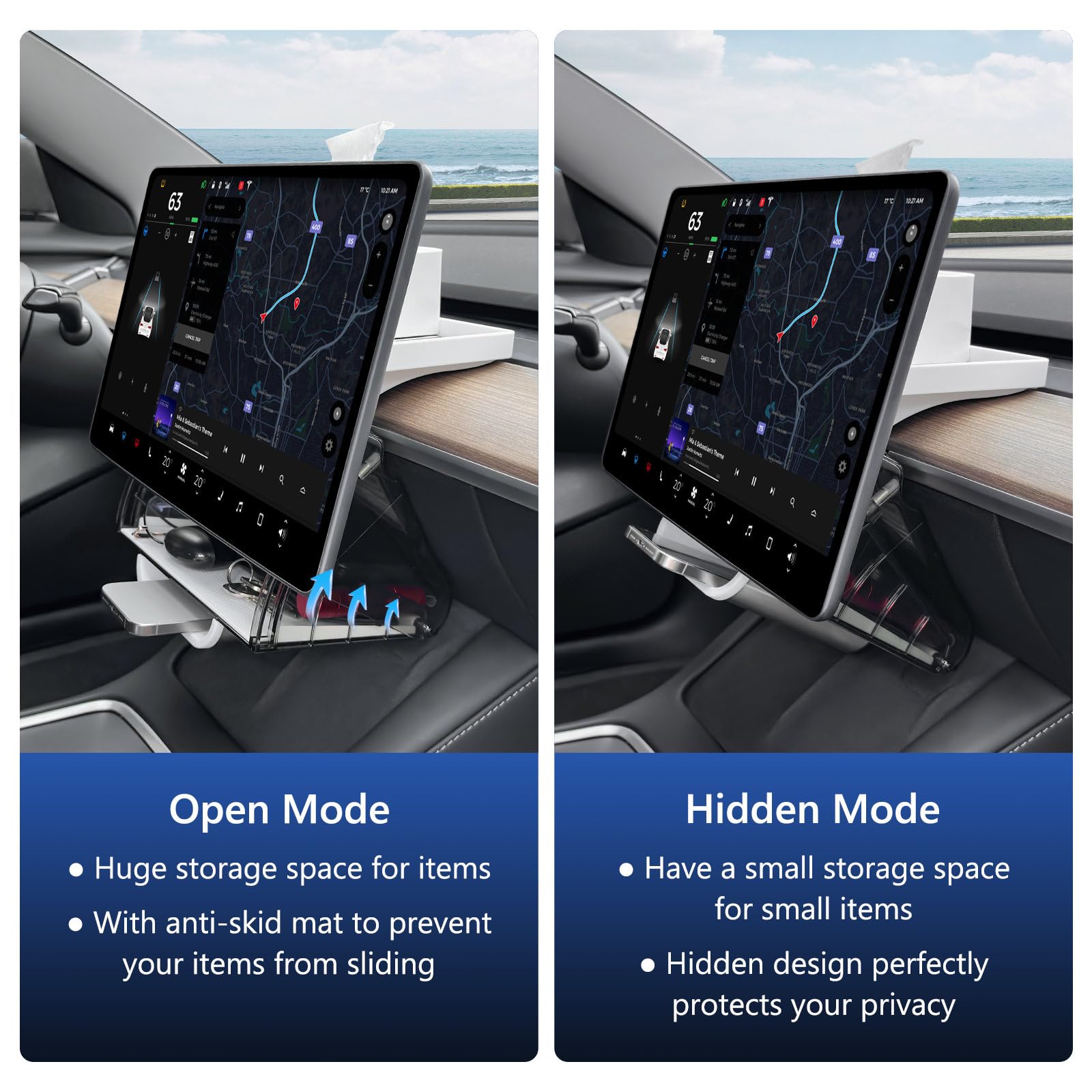 Klutchtech Model 3/Y Hideable Under Screen Storage Magnetic Center Console Organizer Behind Screen Tray Compatible With Tesla Mo