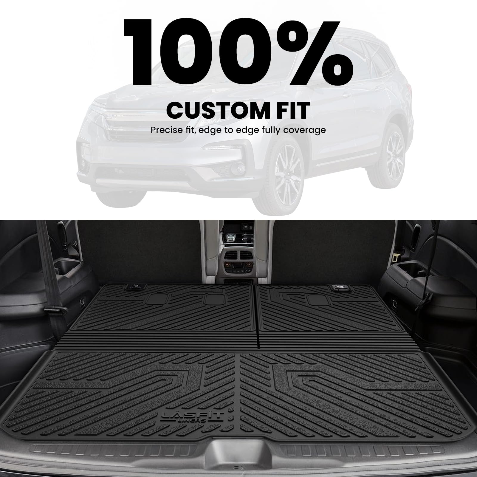 Lasfit Trunk Mat With Backrest Mat For Honda Pilot 2016-2023 2024 2025 (7&8 Seats), All Weather Tpe Custom Fit Cargo Mat Liner T