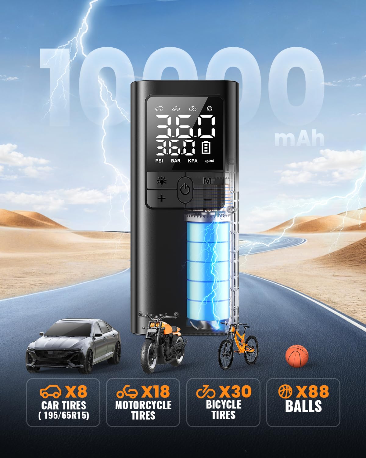 Tmigia Tire Inflator Portable Air Compressor - 150Psi & 10000Mah Cordless Air Pump With Digital Tire Pressure Gauge, Accurate Du