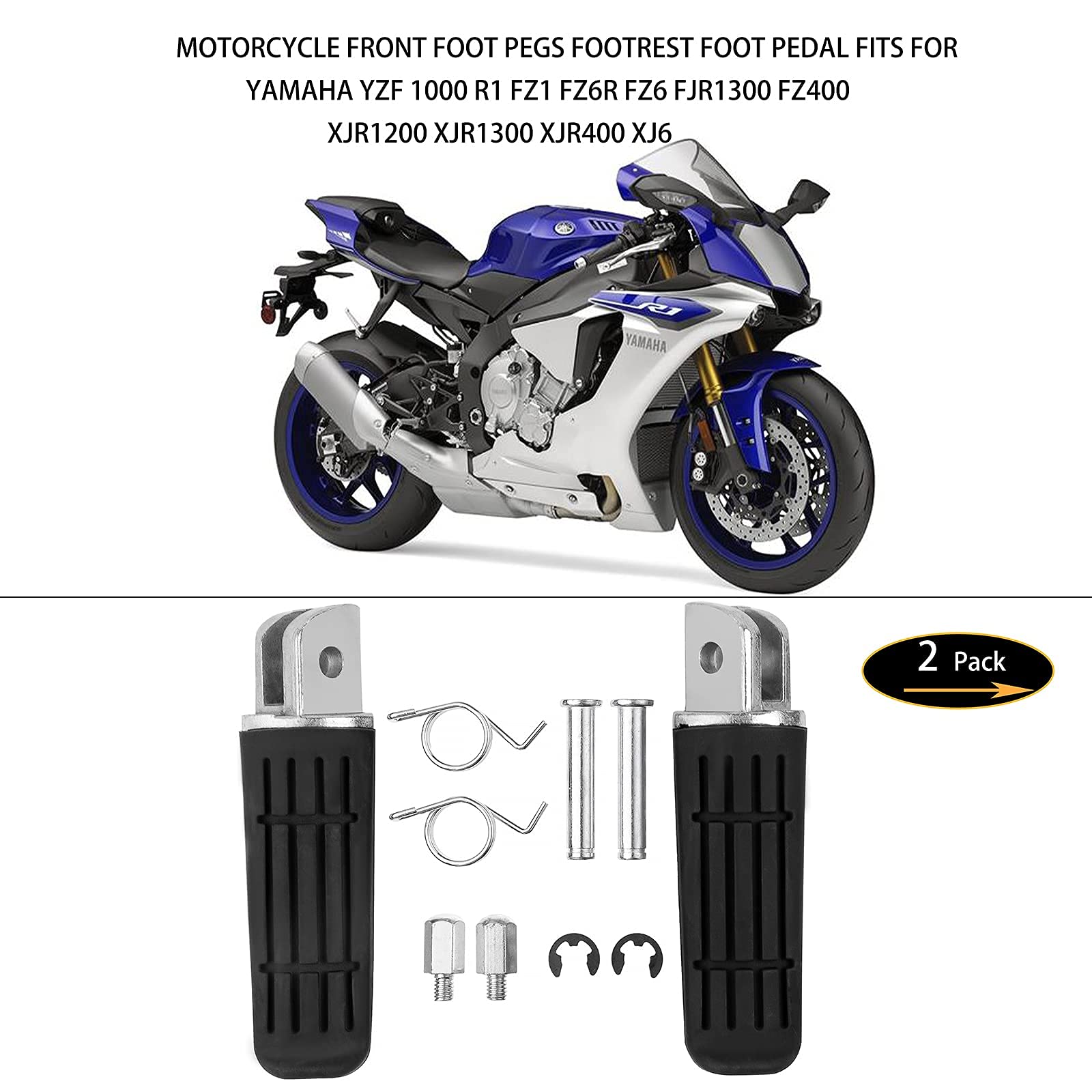 Vpzmt Motorcycle Front Foot Pegs Footrests Fits For Yamaha Yzf1000 R1 Fz1 Fz6R Fz6 Fjr1300 Fz400 Xjr1200 Xjr1300 Xjr400 Xj6 Tdm (Front Pegs - Black)