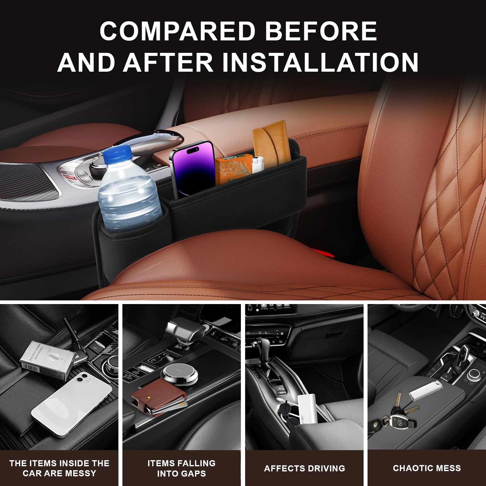 LINPING Car seat gap filler organizer,2024 Universal New Seat Gap Storage Box, Car Leather Cup Holder Gap Bag for Glasses Phones