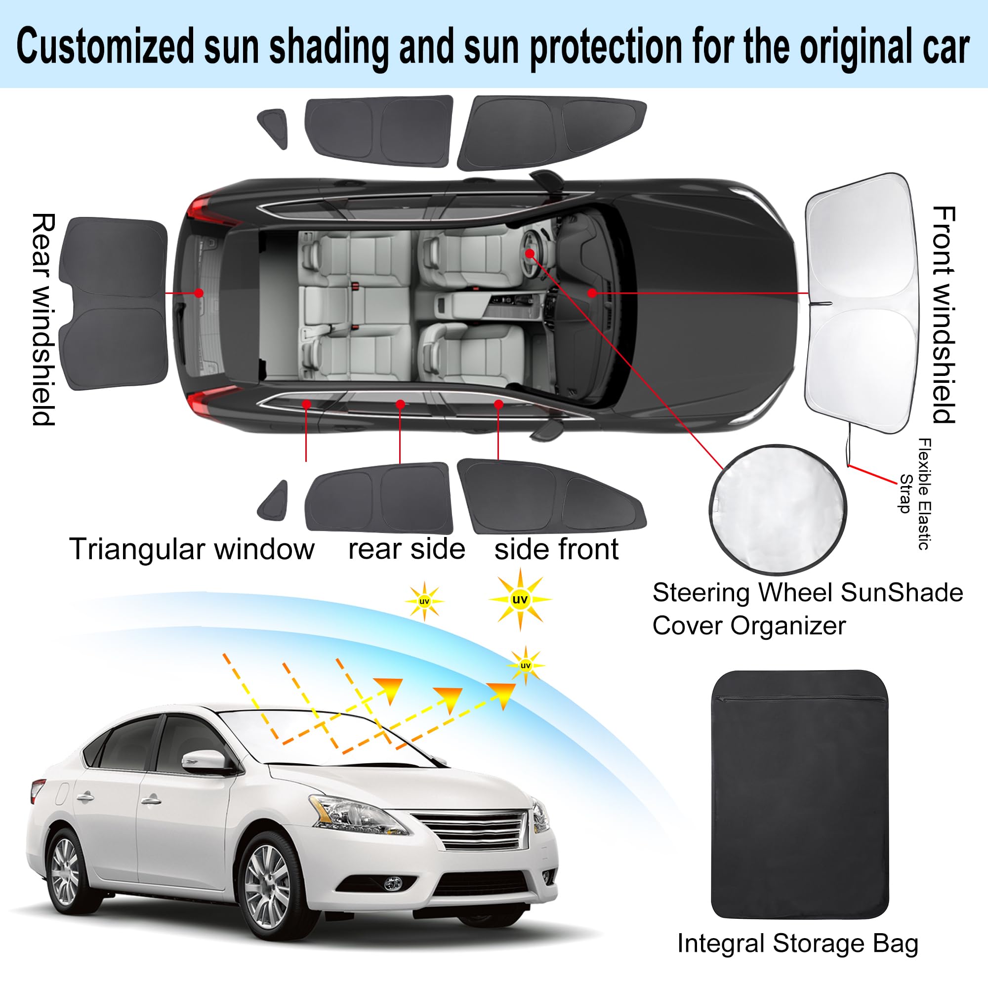 TINGLU Window Shades for Nissan Sentra 2014-2019, Black, 8PCS, UV Protection, Side & Rear Triangular Sun Shade Accessories