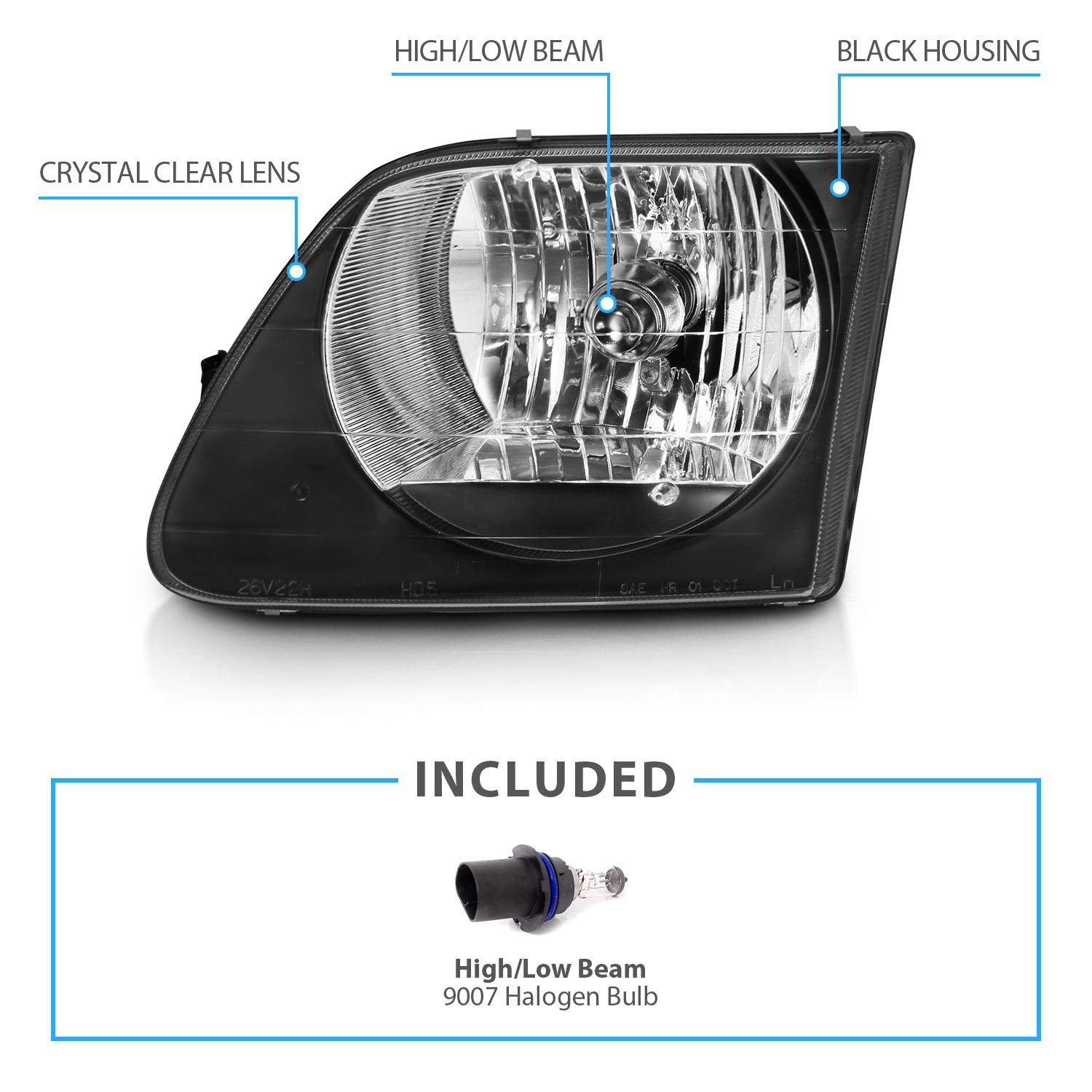 Amerilite G2 Black Main High/Low Beam Replacement Headlights For 1997-2003 Ford F-150 - Passenger And Driver Side