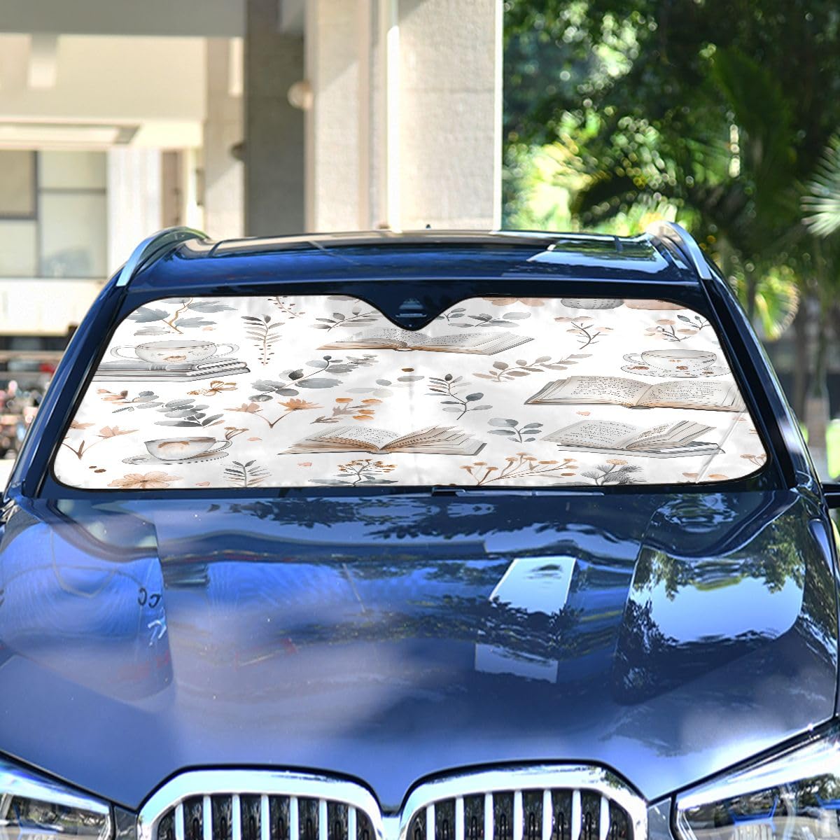 Car Windshield Sunshade Books And Cute Cozy Things Pattern, Blocks Sun Visor Protector Foldable Sun Shield Keep Your Vehicle Coo