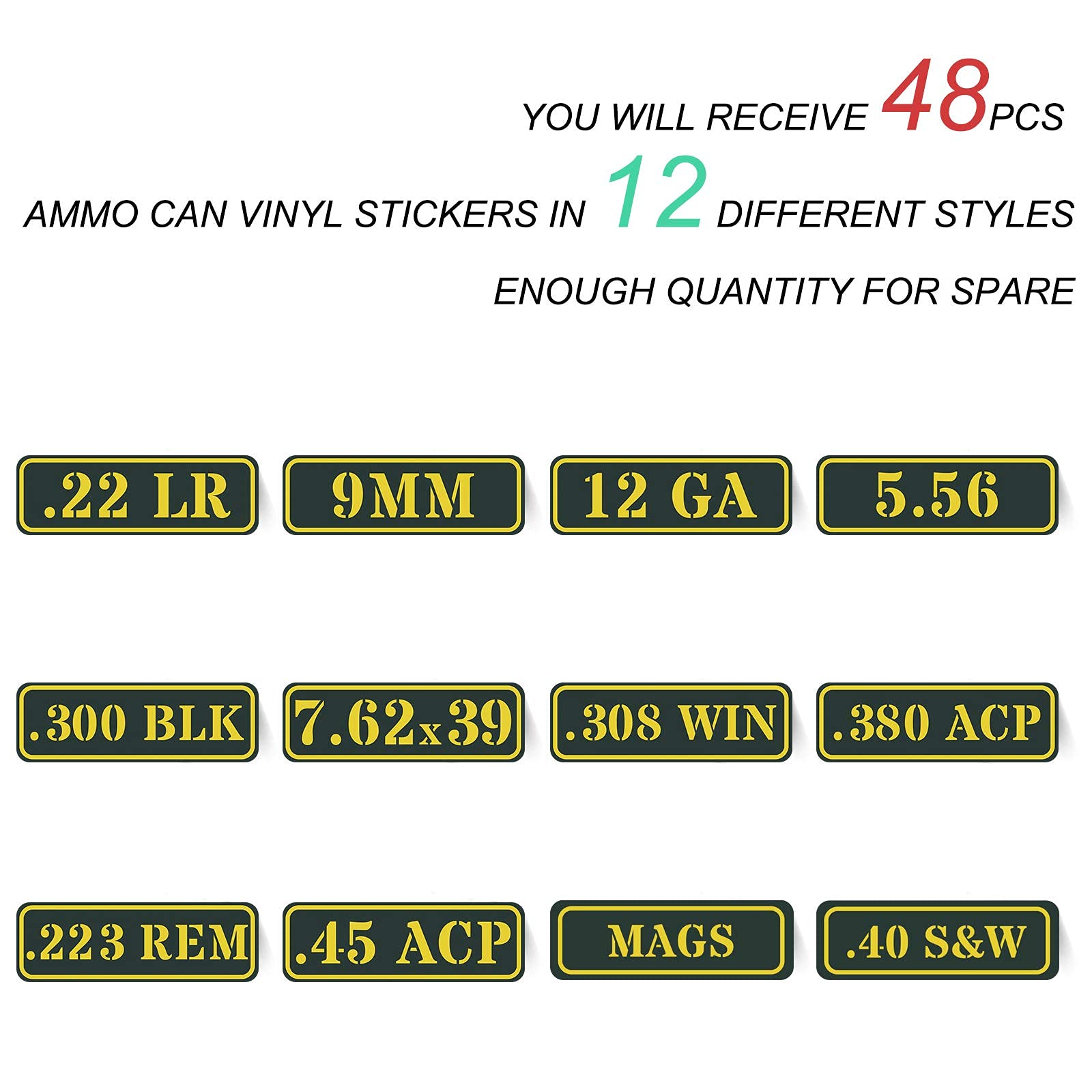 Aolamegs Ammo Can Vinyl Sticker Set Decal Label 9Mm 5.56 7.62 12Ga .22 .223 .308 .300 .380 .45 .40S&W Mags (48 Pack/12 Varieties)