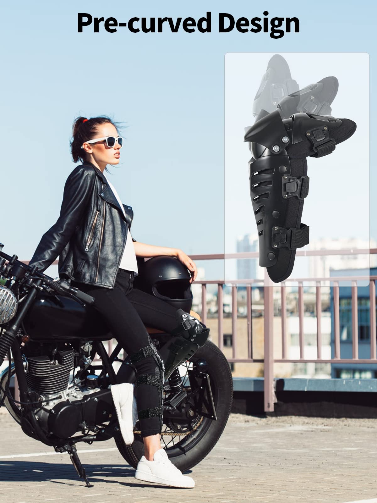 RIDBIKER Black Movable Knee Shin Guard Pads - Adjustable Breathable Armor for Motorcycle Cycling Racing, Lengthen Size, Crashproof, 1 Pair