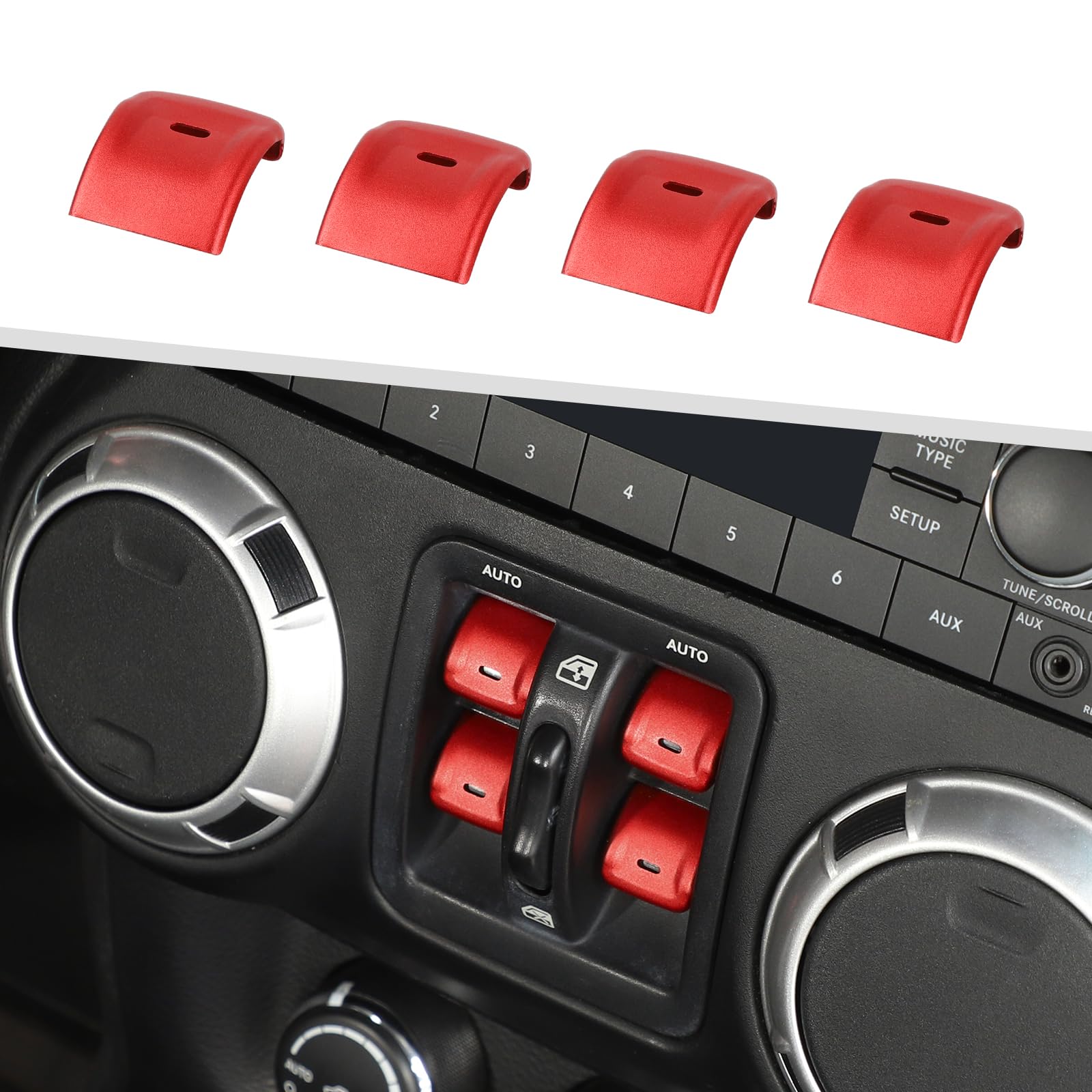 Jimen For Jk Window Button Covers, 4Pcs Center Console Window Switch Cover Interior Trim Kits Compatible With Jeep Wrangler Jk & Unlimited 2012-2018, Aluminum Alloy (Red)