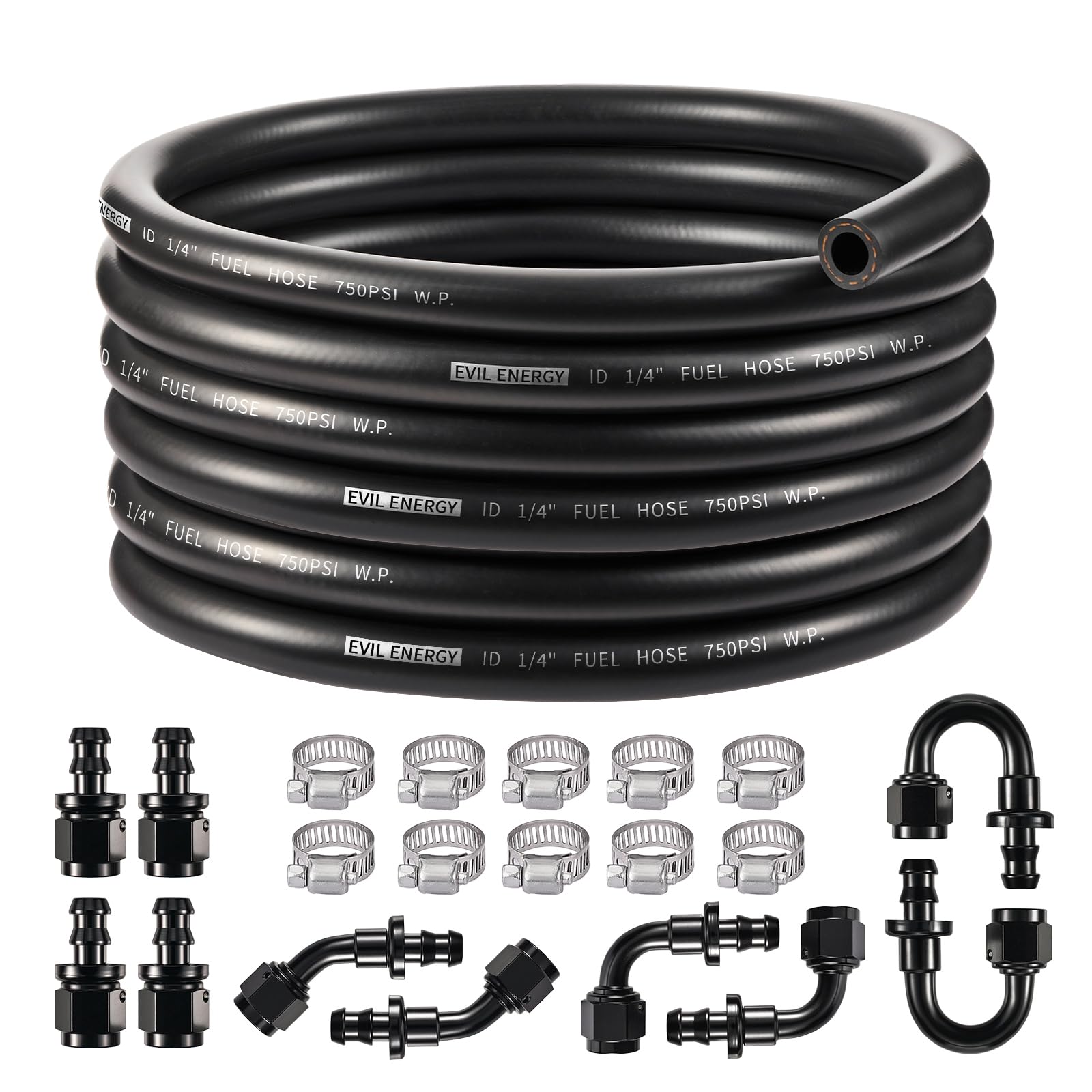 EVIL ENERGY 4AN 1/4 Fuel Line Kit 20FT, CPE Rubber 1/4 Fuel Hose with Push On Fittings and Hose Clamps 20PCS, Black