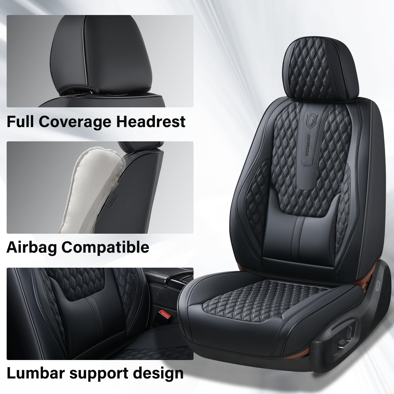 Coverado Car Seat Covers Full Set, Black Seat Covers for Car with Lumbar Support, Nappa Leather Seat Covers Waterproof Car Seat