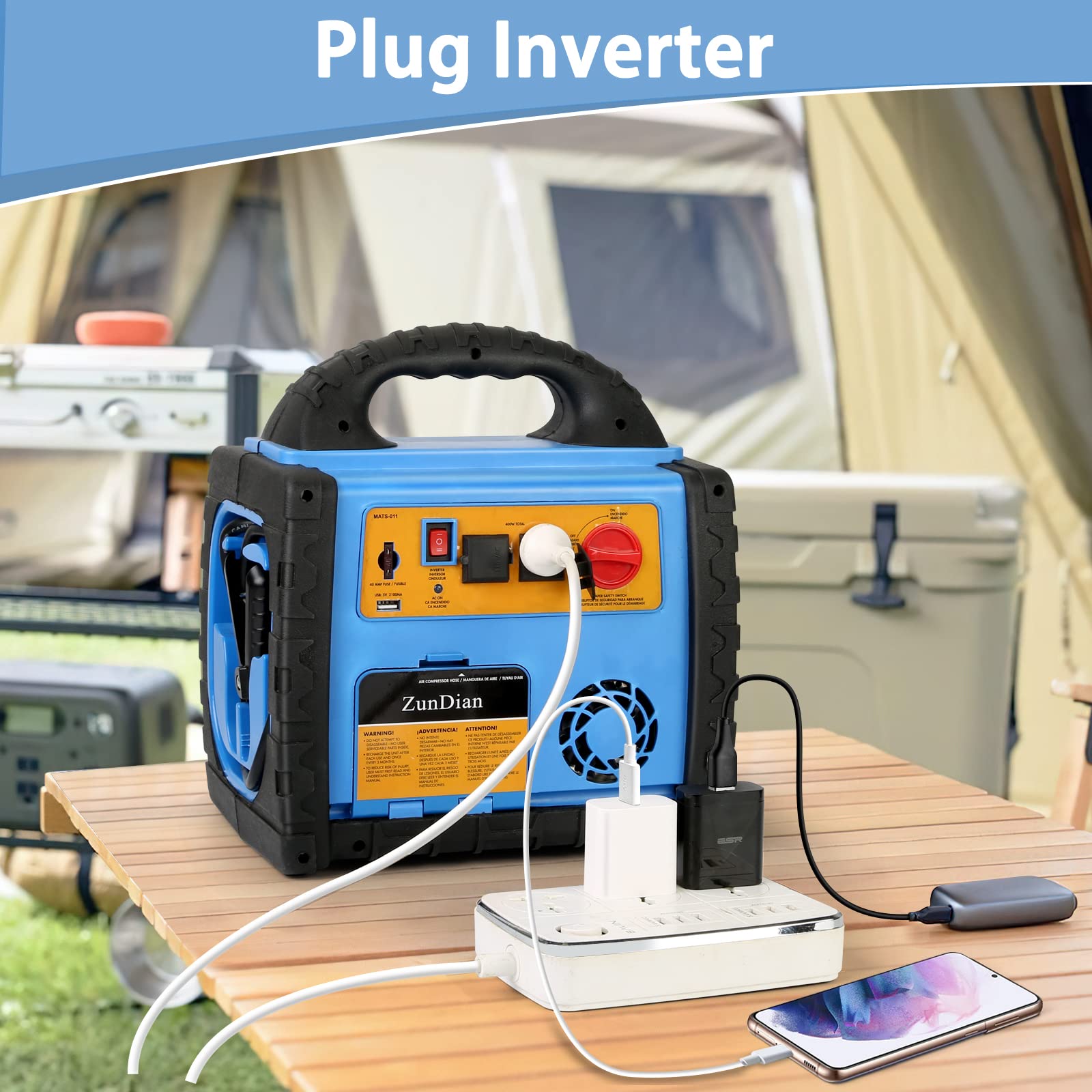 Zundian 1600 Amp Battery Jump Starter With Air Compressor Car Tire Inflator, Portable Power Station 110V 400W Power Inverter Usb Dc Ac Outlet, 12V Emergency Auto Battery Booster Box, Jumper Clamp