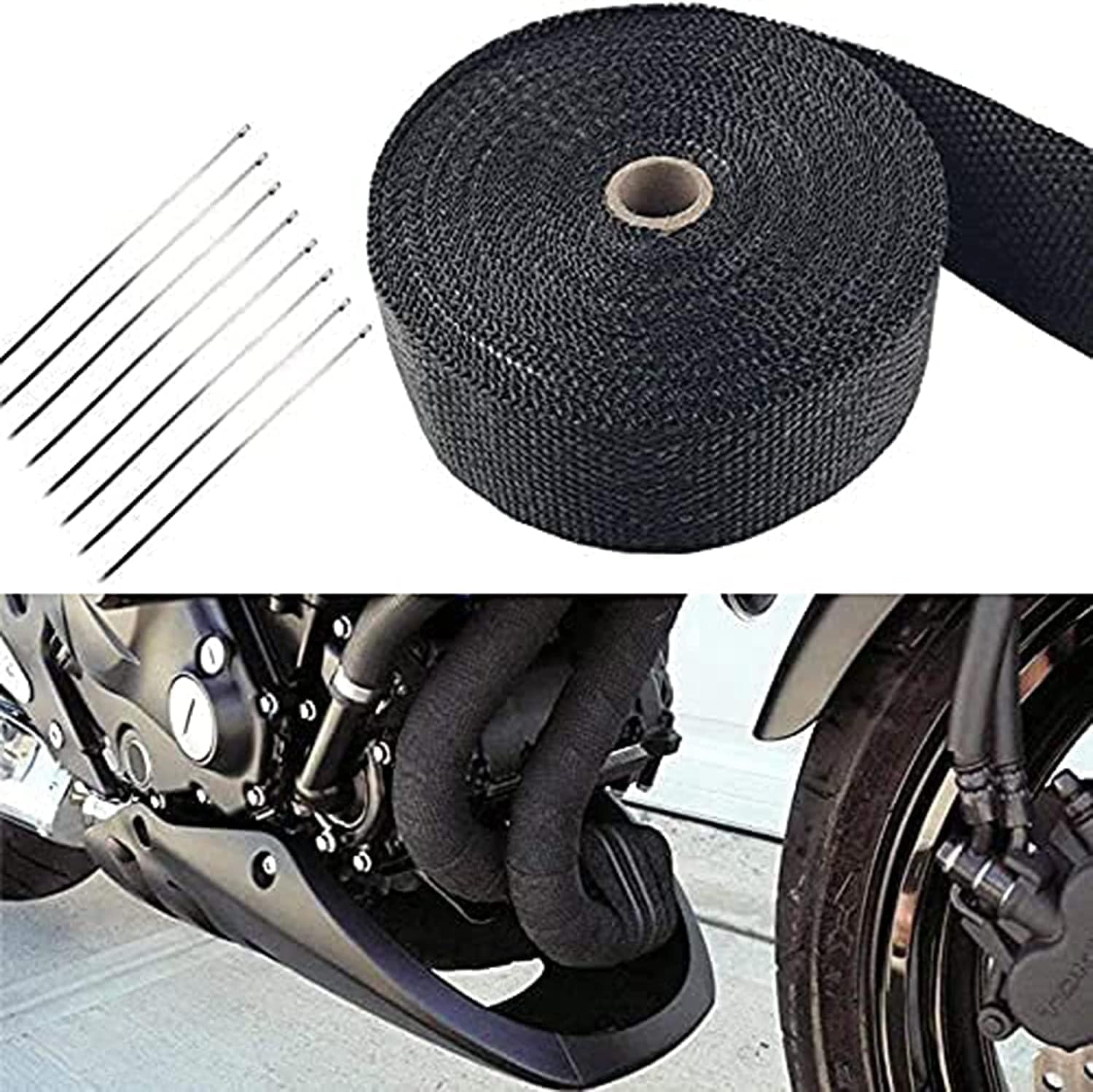 Deecam Exhaust Heat Wrap, 2'' X 16.5' Black Fiberglass Heat Resistant Exhaust Wrap Roll For Motorcycle, Car Exhaust Pipe Heat Insulation Muffler Tape With 10 Stainless Locking Ties