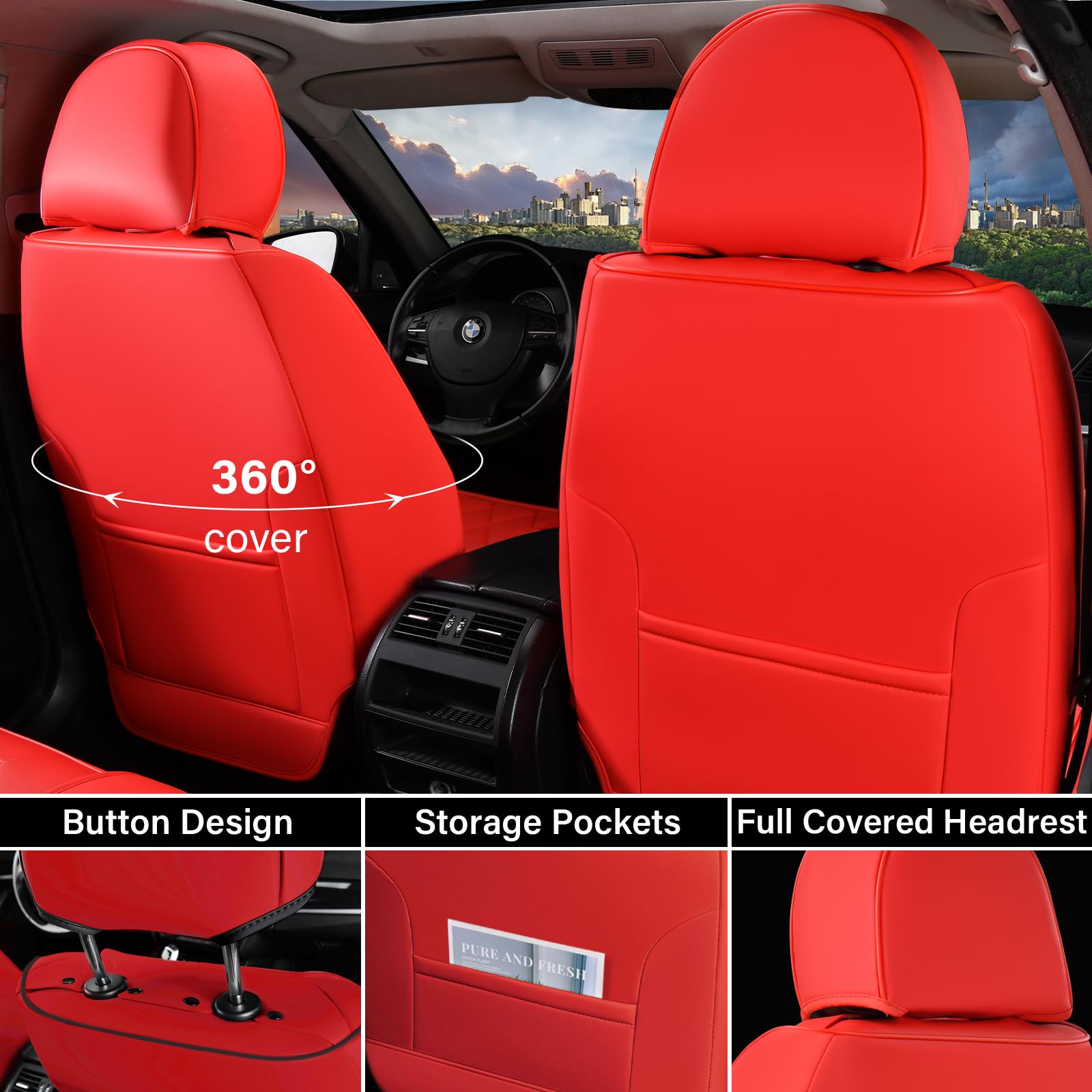 Coverado Leather Car Seat Covers Full Set, 5 Seats Seat Covers For Cars, Waterproof Car Seat Cushions, Front And Rear Seat Prote