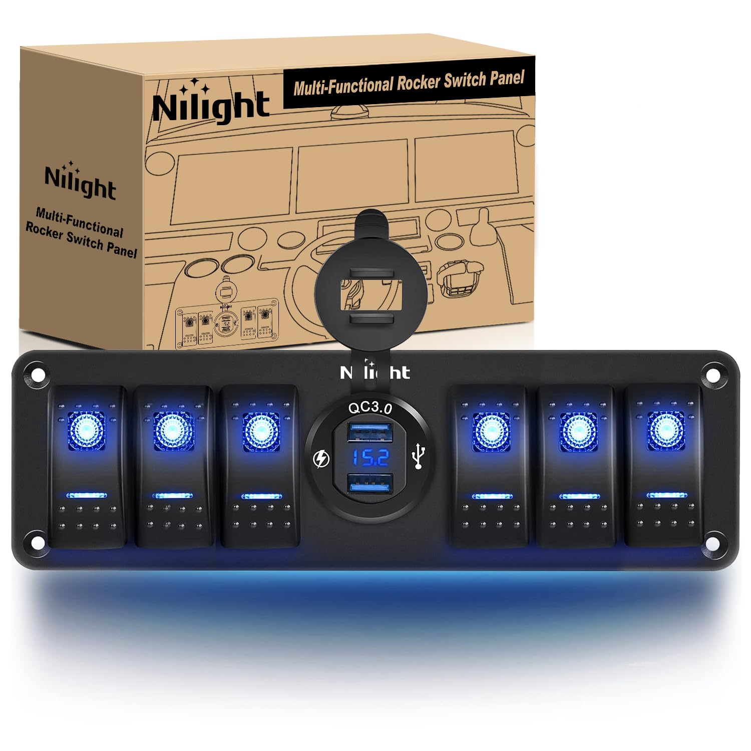 Nilight 6 Gang Rocker Switch 12V Spst On Off Switch Qc 3.0 Usb Charger Voltmeter Waterproof Aluminum Rocker Switch Panel Night G